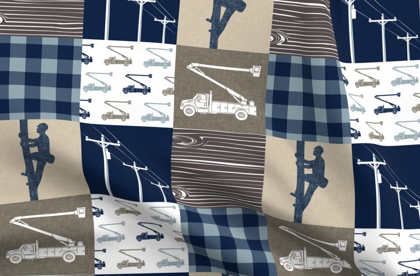Premium Spoonflower Fabric - Lineman Patchwork Cheater Quilt Design in Navy, Tan & Brown with Electrician Bucket Print on Petal Signature Cotton Fabric by The Yard - Perfect for Sewing, Quilting, Apparel, Crafts & Home Decor - Ideal for DIY Quilts, Clothing, Pillows & Wall Art