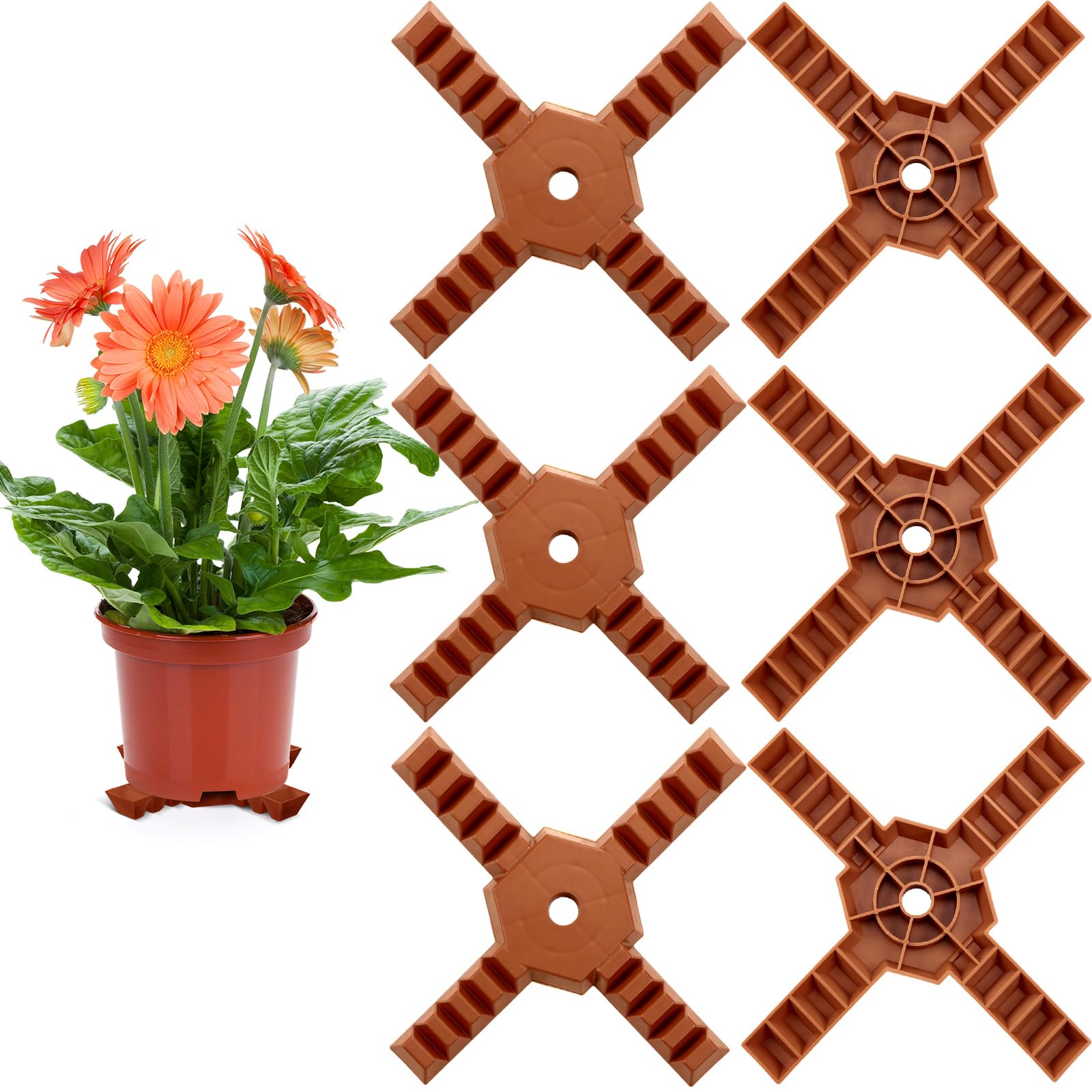 6 Pack Adjustable Plastic Plant Pot Stand Risers - 12 Inch Brown Under Plant Stand for Indoor & Outdoor Use - Prevent Water Damage, Cuttable for Custom Fit - Perfect for Garden, Patio, Balcony & Home Decor