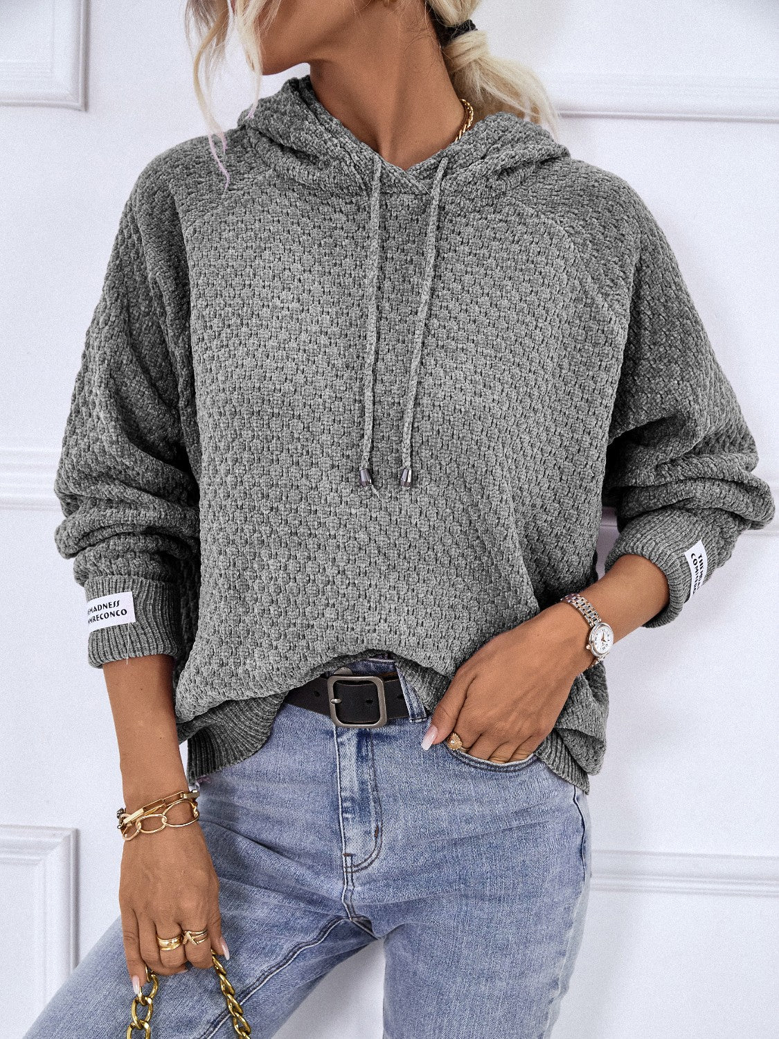 Soft Textured Drawstring Long Sleeve Hooded Sweater for Women - Cozy Pullover Knit Top for Fall & Winter Layering, Casual Outfits and Outdoor Activities