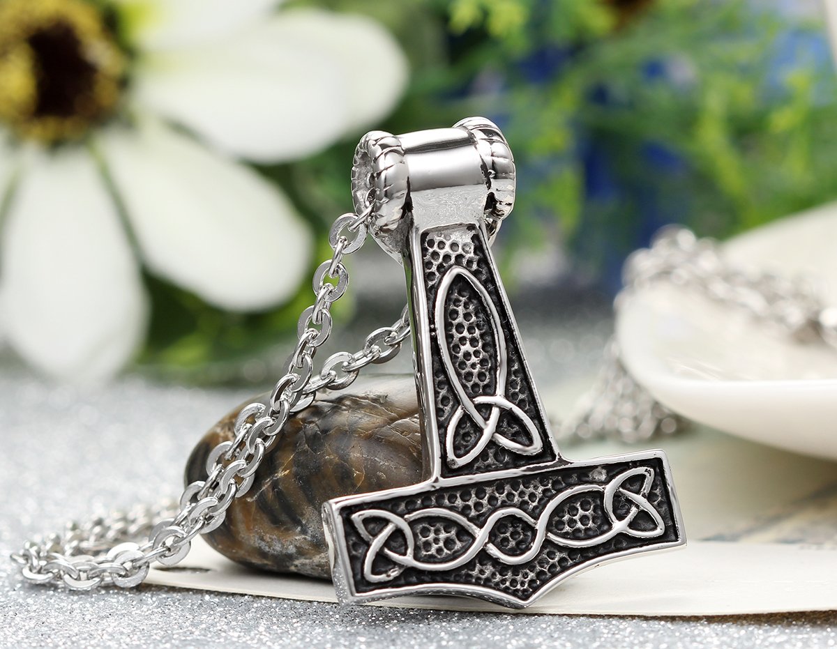 Flongo Men's Biker Stainless Steel Celtic Knot Thor Hammer Silver Wolf Head Pendant Necklace - 22 Inch Chain, Viking Jewelry for Men - Perfect for Motorcycle Riders, Viking Cosplay, and Norse Mythology Enthusiasts