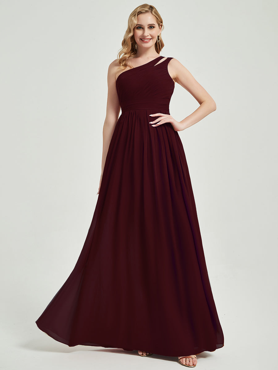 Elegant Burgundy One Shoulder A-Line Floor Length Chiffon Bridesmaid Dress for Weddings & Formal Events - Perfect for Evening Galas, Proms & Special Occasions