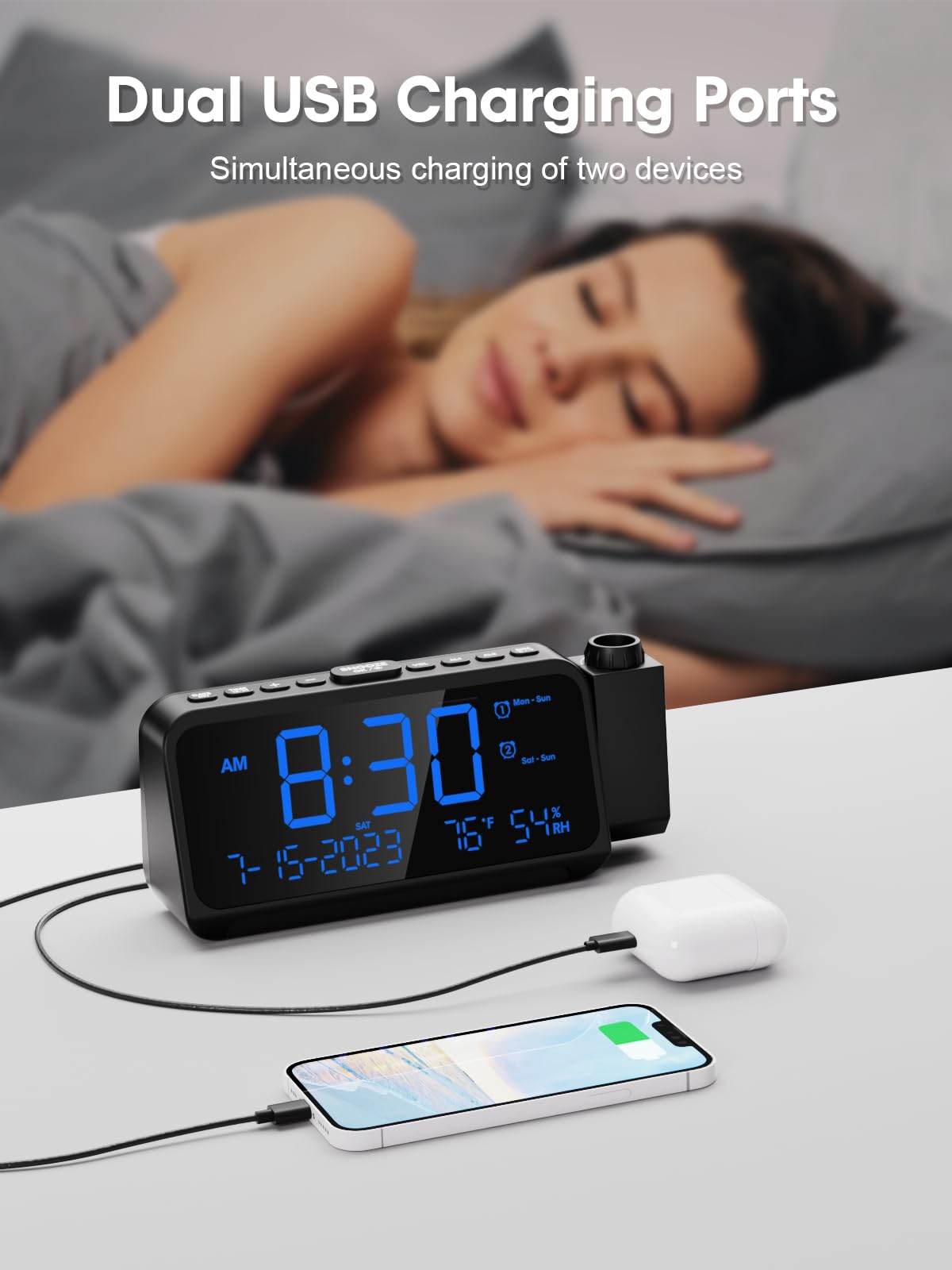 ROCAM Digital Projection Alarm Clock with Ceiling/Wall Display - 5-Level Dimmer, Dual Alarm (Weekday/Weekend Mode), Snooze, Temperature Display & USB Charging Ports | Perfect for Bedrooms, Home Offices & Nightstands
