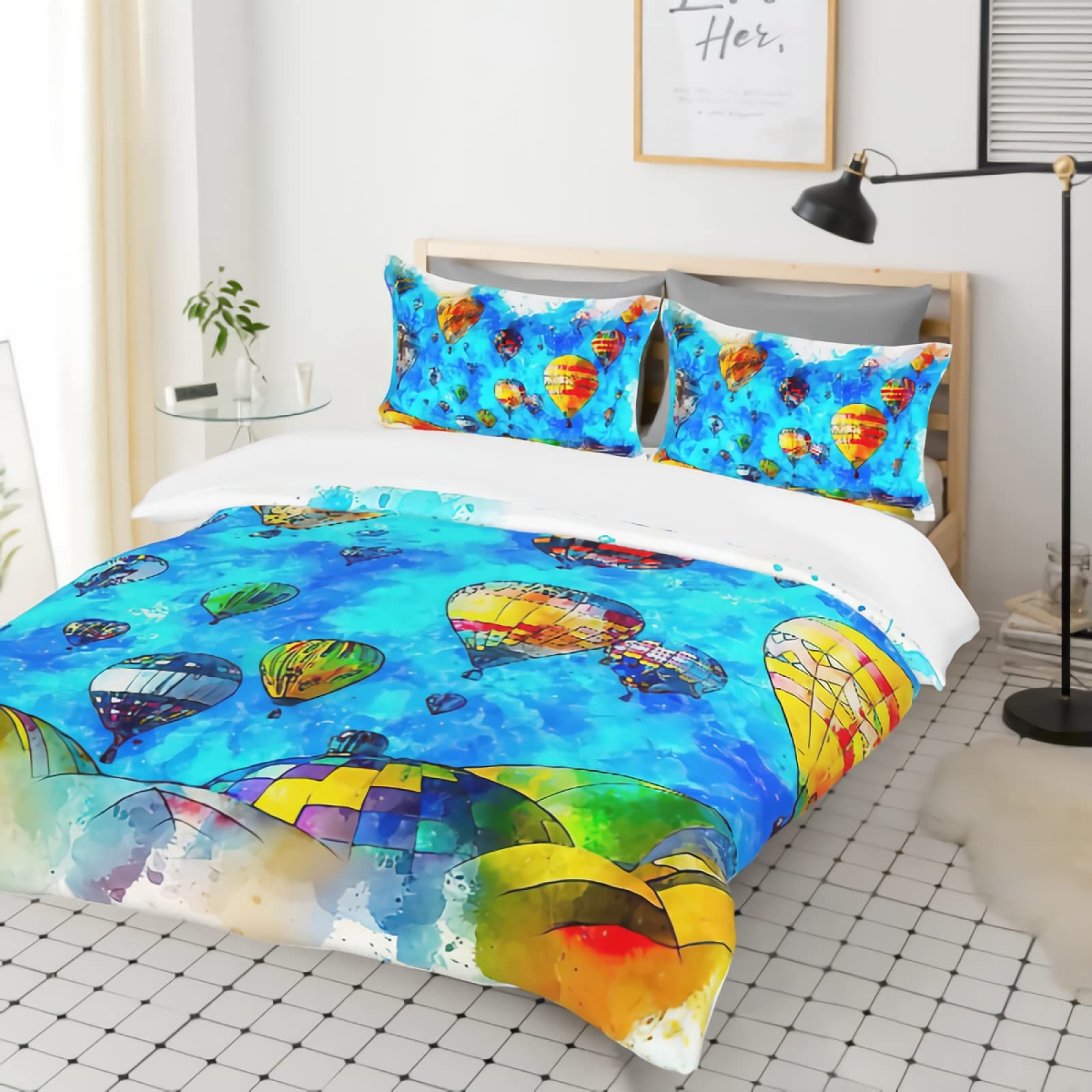 GREDBH Hand-Painted Floating Hot Air Balloons & Blue Clouds Print 3-Piece Quilt Set - Twin Size Bedspread with 2 Pillow Shams | Boho Chic Bedroom Decor for Teens & Guest Rooms
