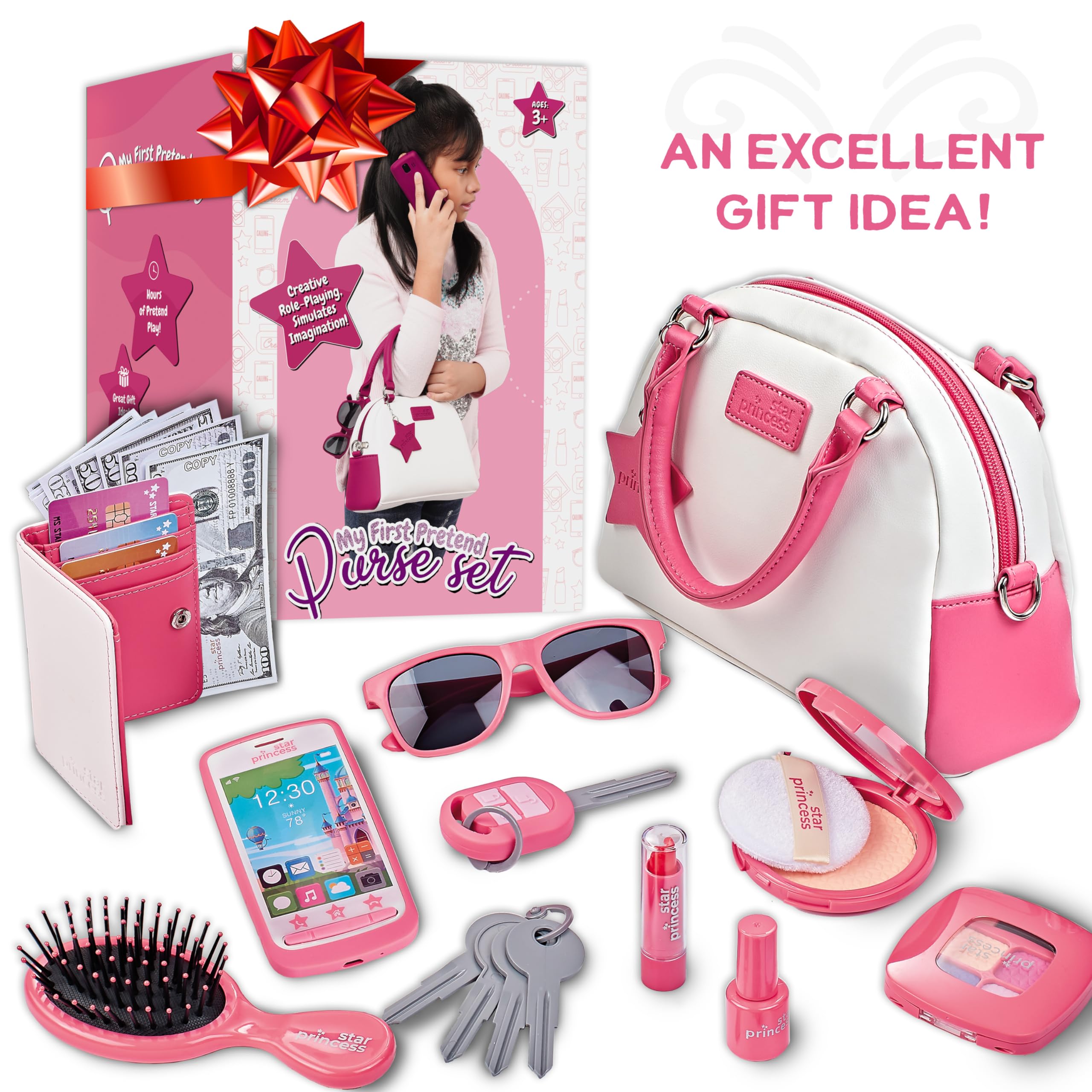 Pretend Play Purse Set for Girls Ages 3-8 - Toy Phone, Wallet, Credit Cards, Keys & Makeup Kit | Role Play Accessories for Toddlers & Little Girls | Perfect for Birthday Gifts, Dress-Up & Imaginative Play