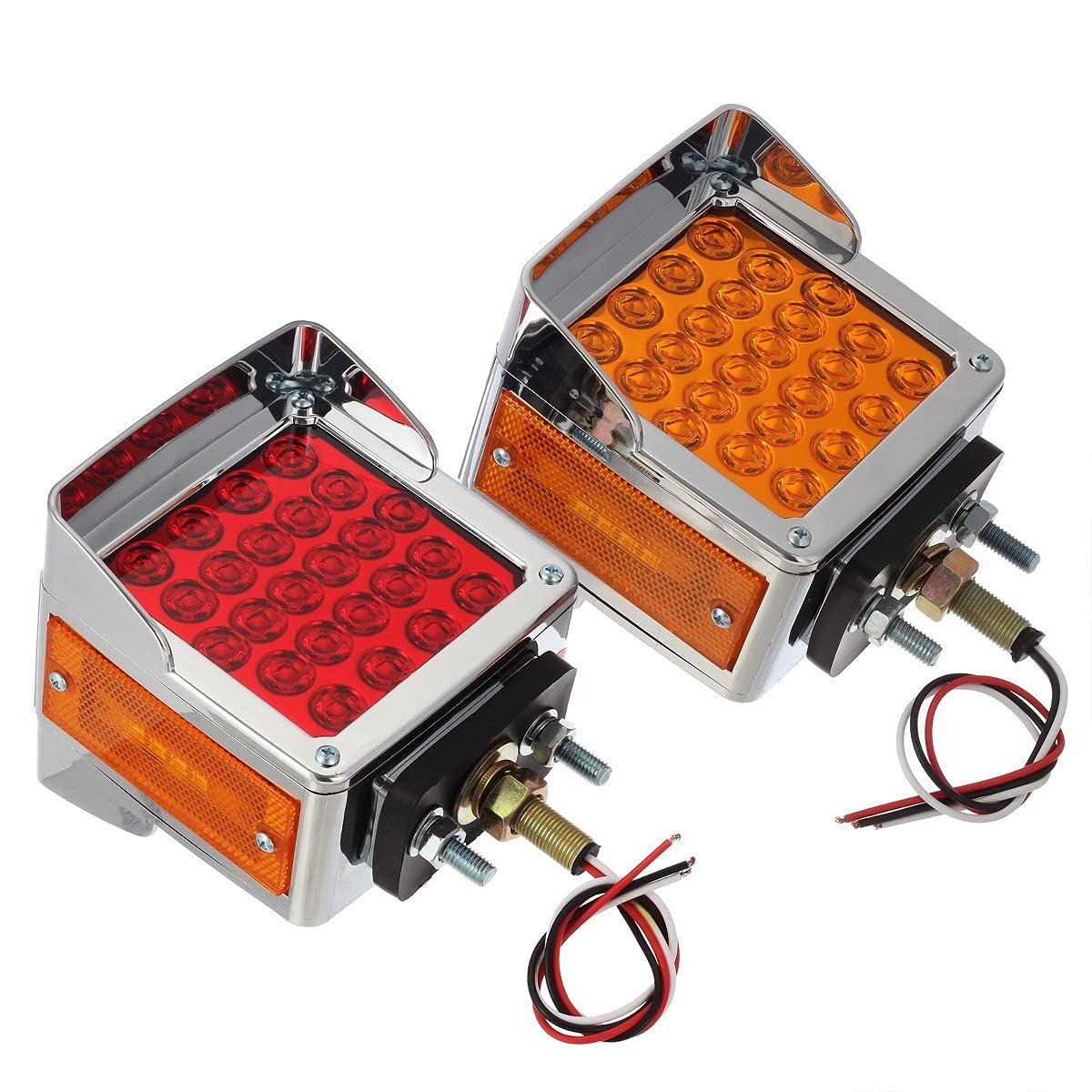 Partsam 2Pcs Round & 2Pcs Square LED Truck Pedestal Lights Kit - Double Face Turn Signal Lights (42+52 LEDs) with Chrome Visor - Perfect for Semi Trucks, Trailers & Heavy Duty Vehicles