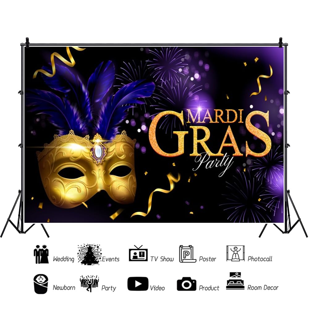 Leowefowa 5x3ft Mardi Gras Backdrop - Golden Mask, Sparkling Fireworks & Streamers Photography Background for Masquerade Birthday Party, Carnival, Studio Props (Vinyl) - Perfect for Events, Photo Booths & Home Decor