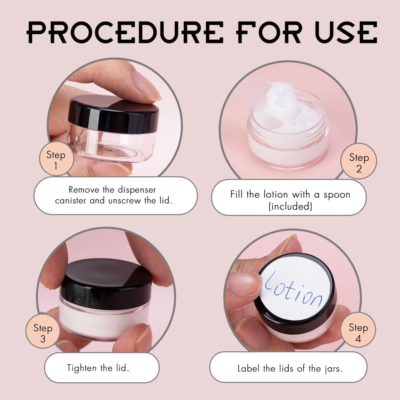 50-Pack 5g Clear Plastic Sample Jars with Lids & 4 Mini Spoons - Small Lip Balm Containers with 50 Labels - Perfect for DIY Cosmetics, Travel Toiletries & Essential Oil Storage