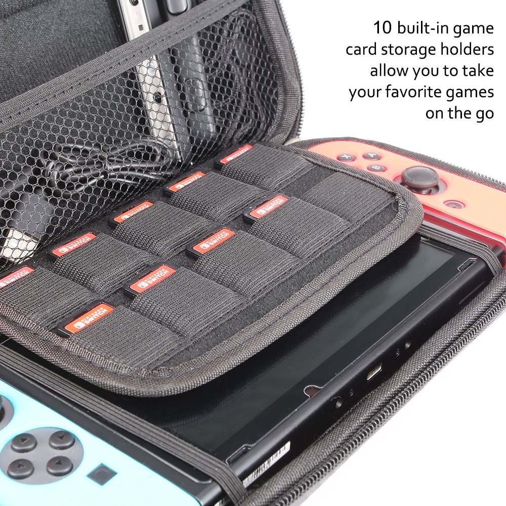 Premium Carbon Fiber Hard Travel Case for Nintendo Switch with 2 Pack Tempered Glass Screen Protectors | Durable Protective Shell & Carry Pouch in Blue | Perfect for Gaming On-The-Go & Travel Protection