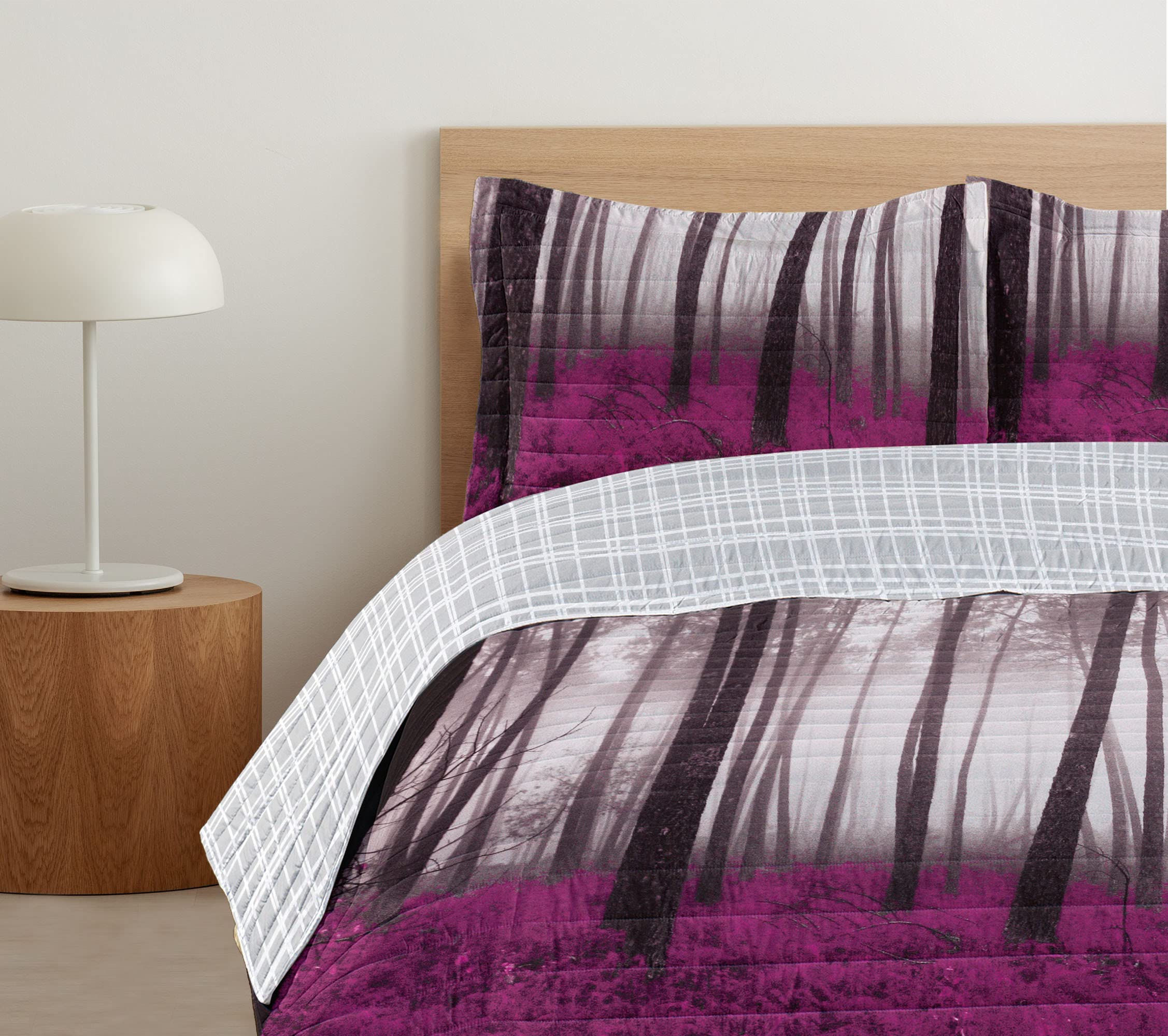 Ambesonne Reversible Queen Size Bedspread Set - Fantasy Woodland Foggy Forest Design with Tall Trees & Bushes in Purple Grey Fuchsia | Microfiber Comforter & Pillow Shams | Perfect for Cozy Bedroom Decor & Nature-Themed Home Styling