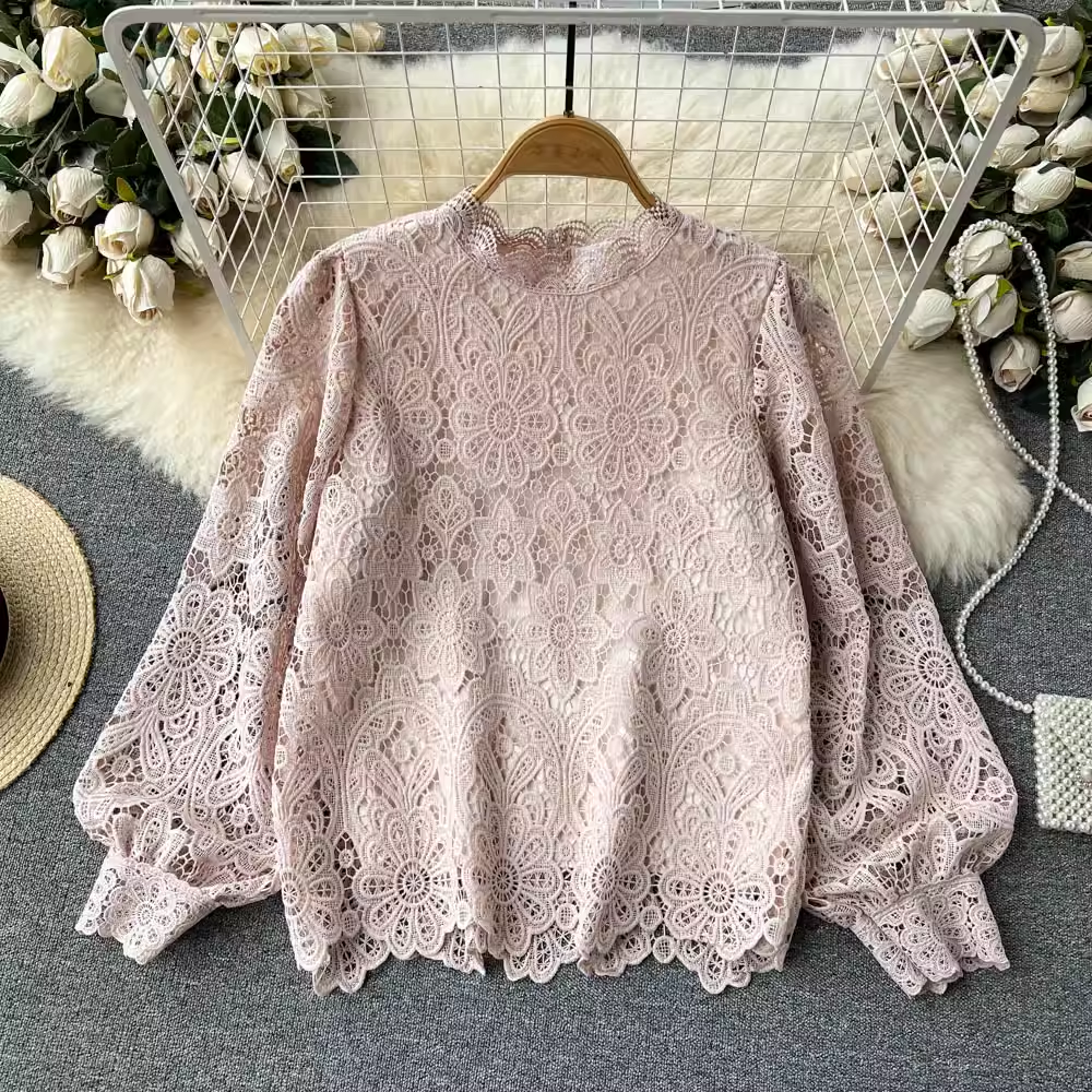 Lace Mesh Hollow Out Long Sleeve Blouse for Women - Spring & Autumn Fashion Top 1065 | Perfect for Office Wear, Date Nights & Casual Outfits