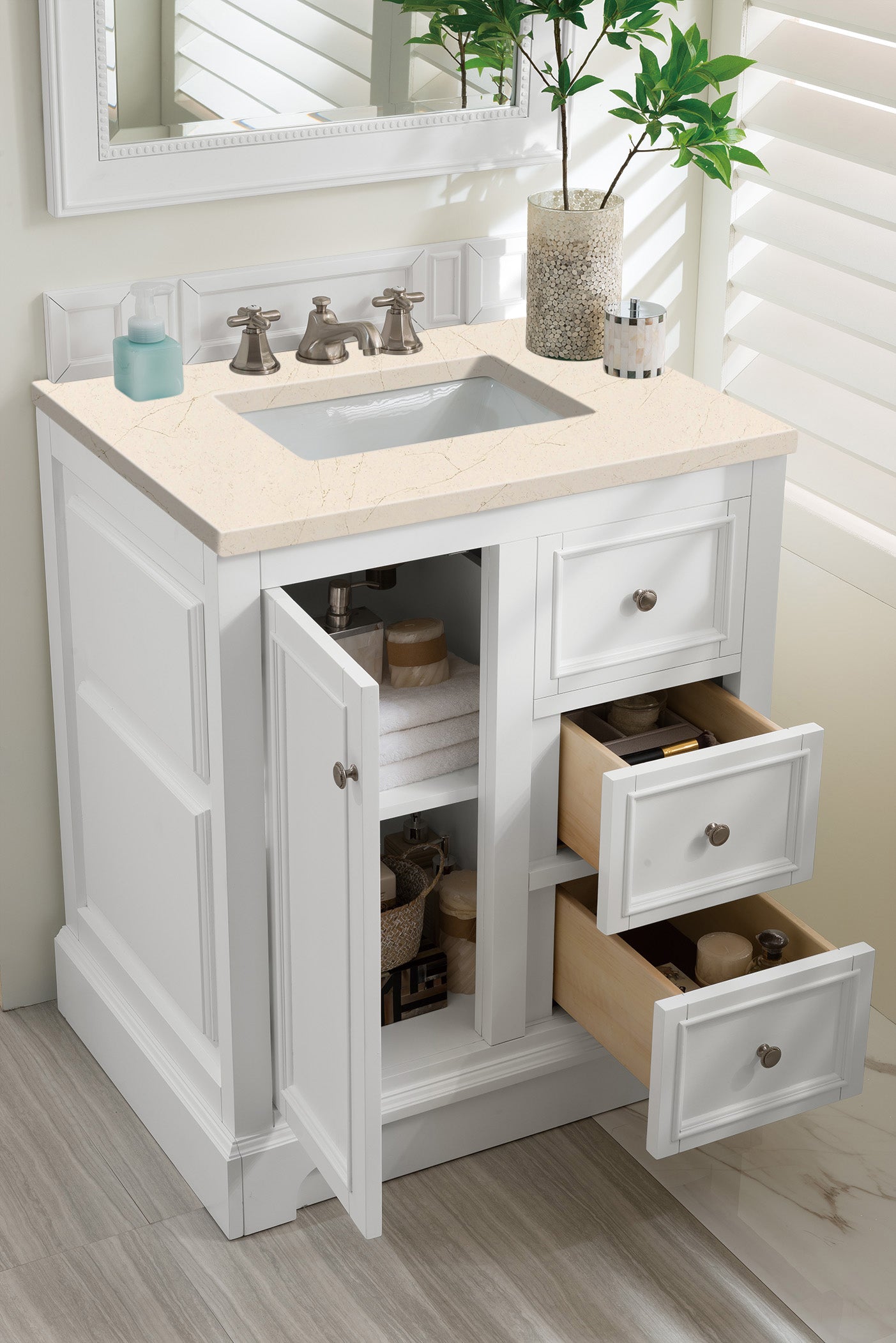 De Soto 30 Inch Single Bathroom Vanity with 3CM Eternal Marfil Quartz Countertop - Bright White Finish for Modern Bathroom & Powder Room Remodeling