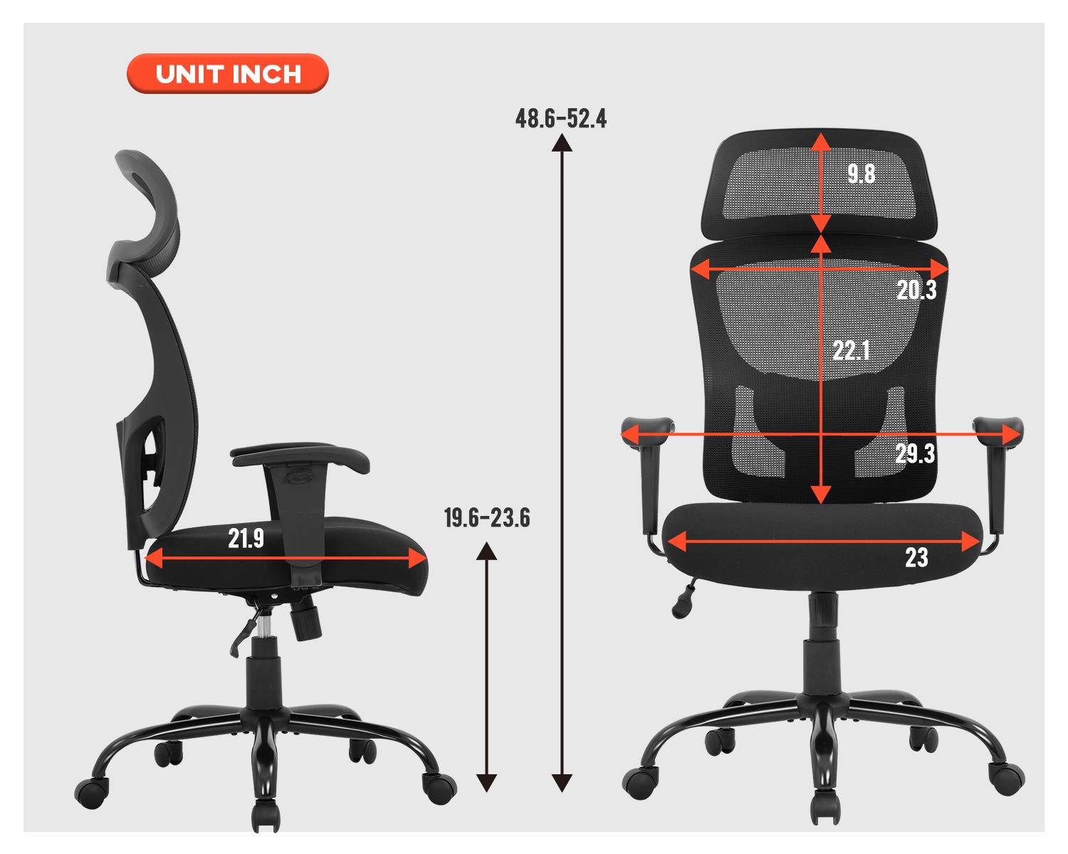 Big and Tall Office Chair - Ergonomic Executive Desk Chair with Lumbar Support, 400lbs Weight Capacity, Adjustable Armrest & Headrest, High Back Mesh Computer Chair for Home & Office (Black) - Perfect for Long Work Hours and Comfortable Seating