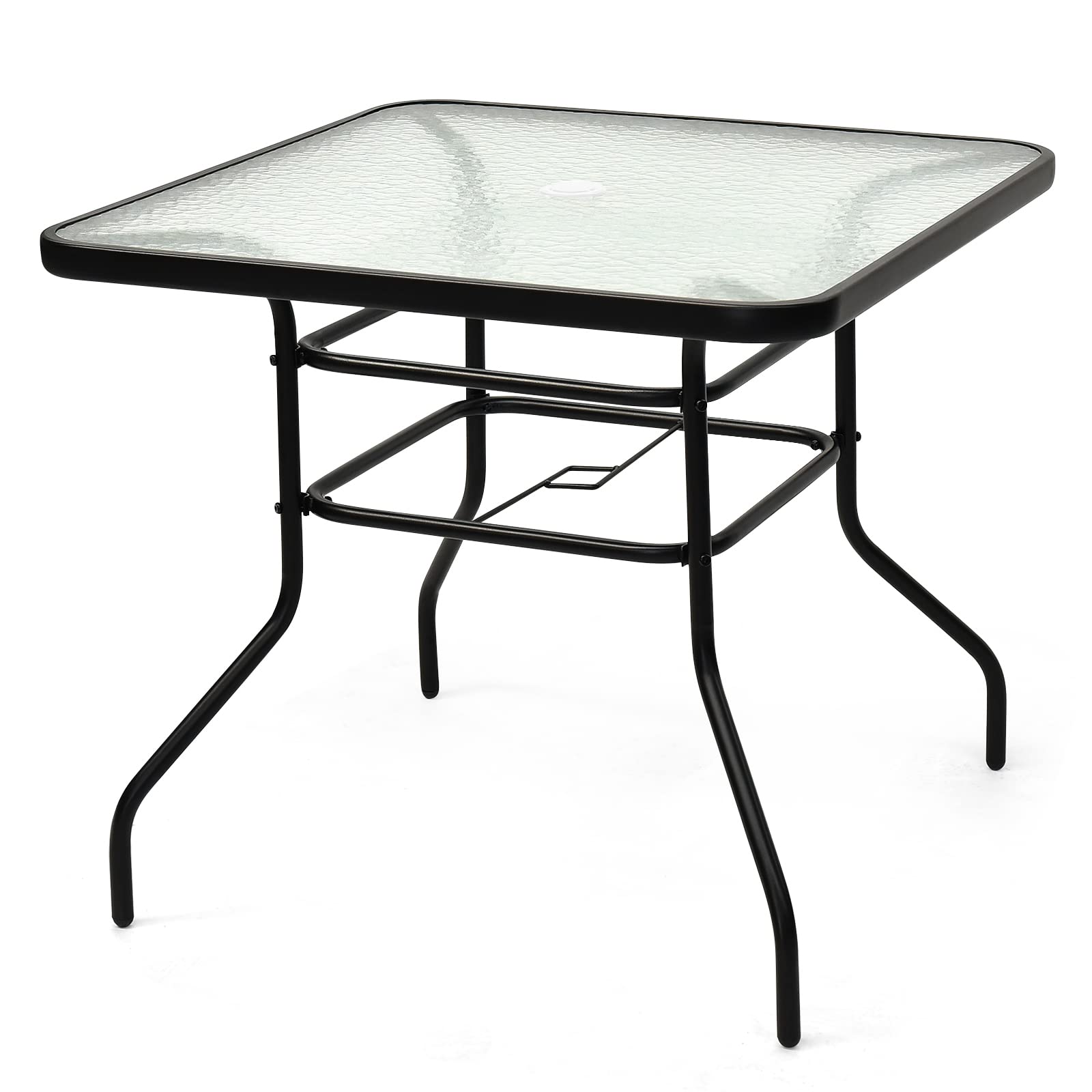 LHONE 32 Inch Outdoor Dining Table - Steel Frame with Tempered Glass Top, Square Patio Bistro Table with Umbrella Hole - Perfect for Backyard, Garden, Poolside & Restaurant Outdoor Seating