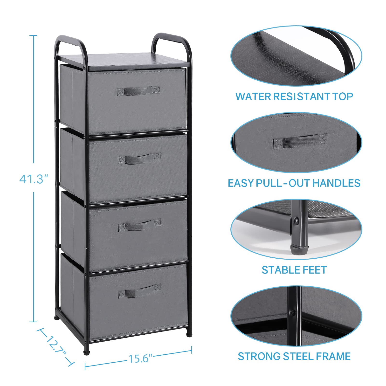 MAX Houser 4-Drawer Fabric Dresser Storage Tower with Wood Top - Vertical Nightstand & Closet Organizer for Bedroom, Nursery, Hallway (Leaden) - Perfect for Small Space Organization & Home Decor