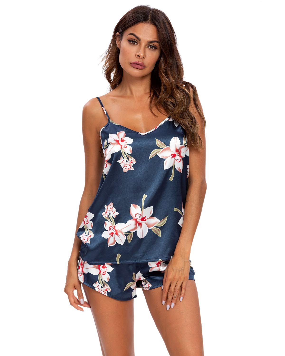 GOSO Women's Satin Silk Pajama Set - Floral Print Sleepwear Nightwear Soft Lounge Cami Pjs for Ladies | Perfect for Sleep, Relaxation & Home Comfort