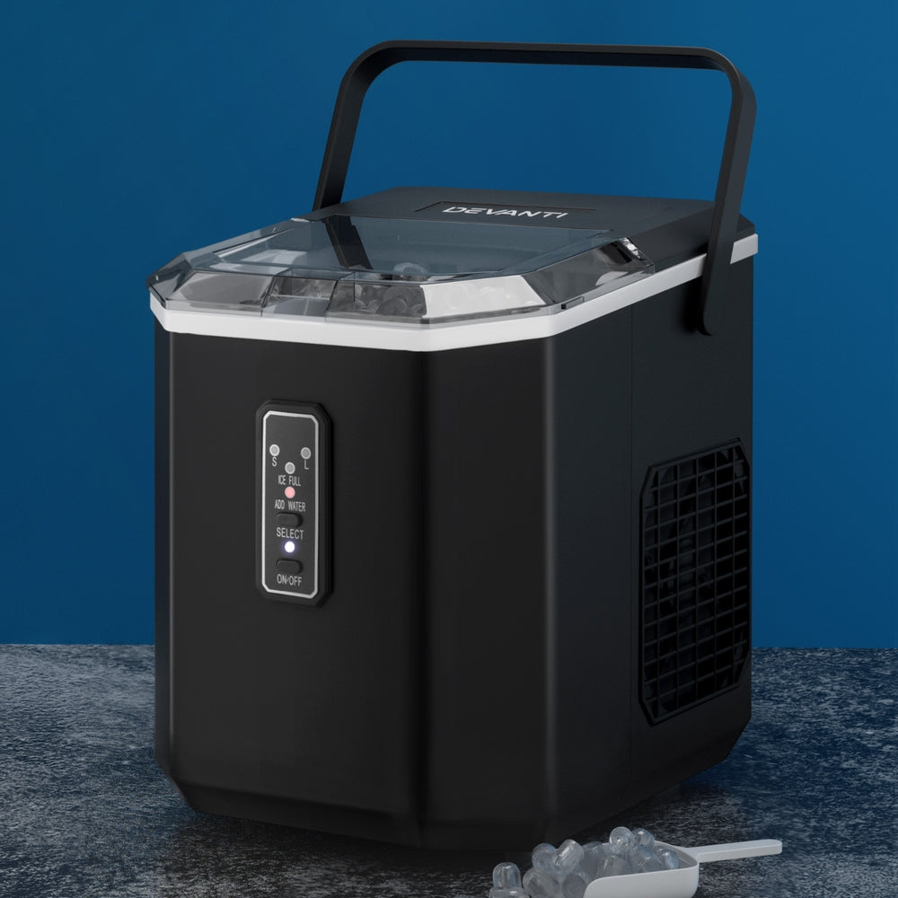 Devanti 12kg (26.5lb) Portable Ice Maker Machine with 1.3L Water Tank & Built-in Scoop Holder - Fast Ice Production for Home, Office, Party, RV & Outdoor Use - Black