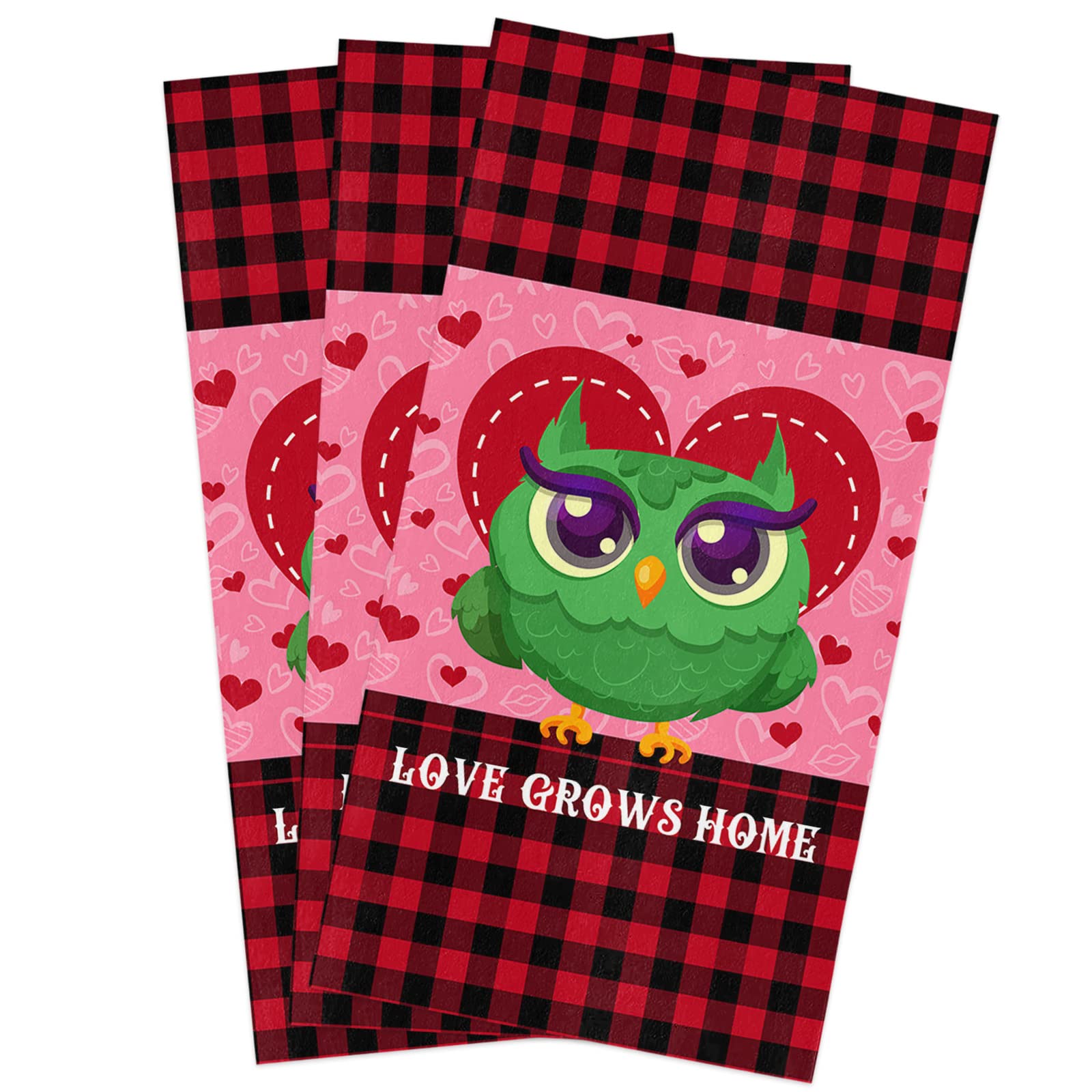 Valentine's Day Owl Love Bird Heart Kitchen Dish Towels Set of 3 - Soft Lightweight Microfiber Absorbent Hand Towels in Check Red & Pink - 18x28 Inches for Kitchen & Bathroom - Perfect for Romantic Decor, Gift Giving, and Everyday Use