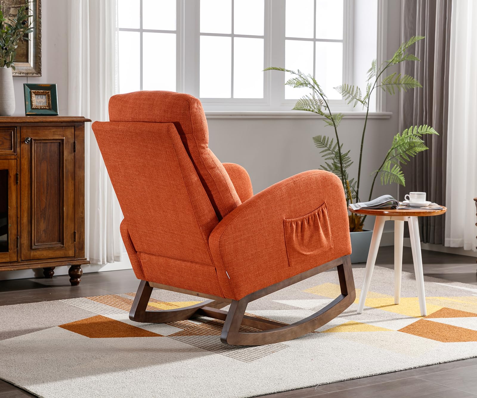 Comfortable Upholstered Nursery Rocking Chair with Side Pocket - High Back Support Glider Rocker, Solid Wood Base Accent Armchair for Living Room, Bedroom & Office - Perfect for Nursing, Reading & Relaxing (Orange)