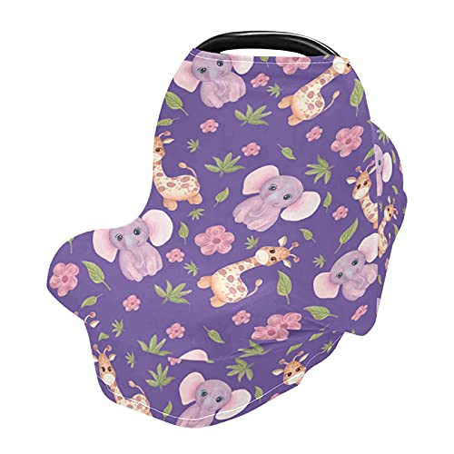 Giraffe & Elephants Nursing Cover - Purple Breastfeeding Scarf for Baby Car Seat, Stroller Cover & Car Seat Canopy | Soft & Breathable Nursing Shawl for Comfortable Breastfeeding in Public, Shopping & Travel
