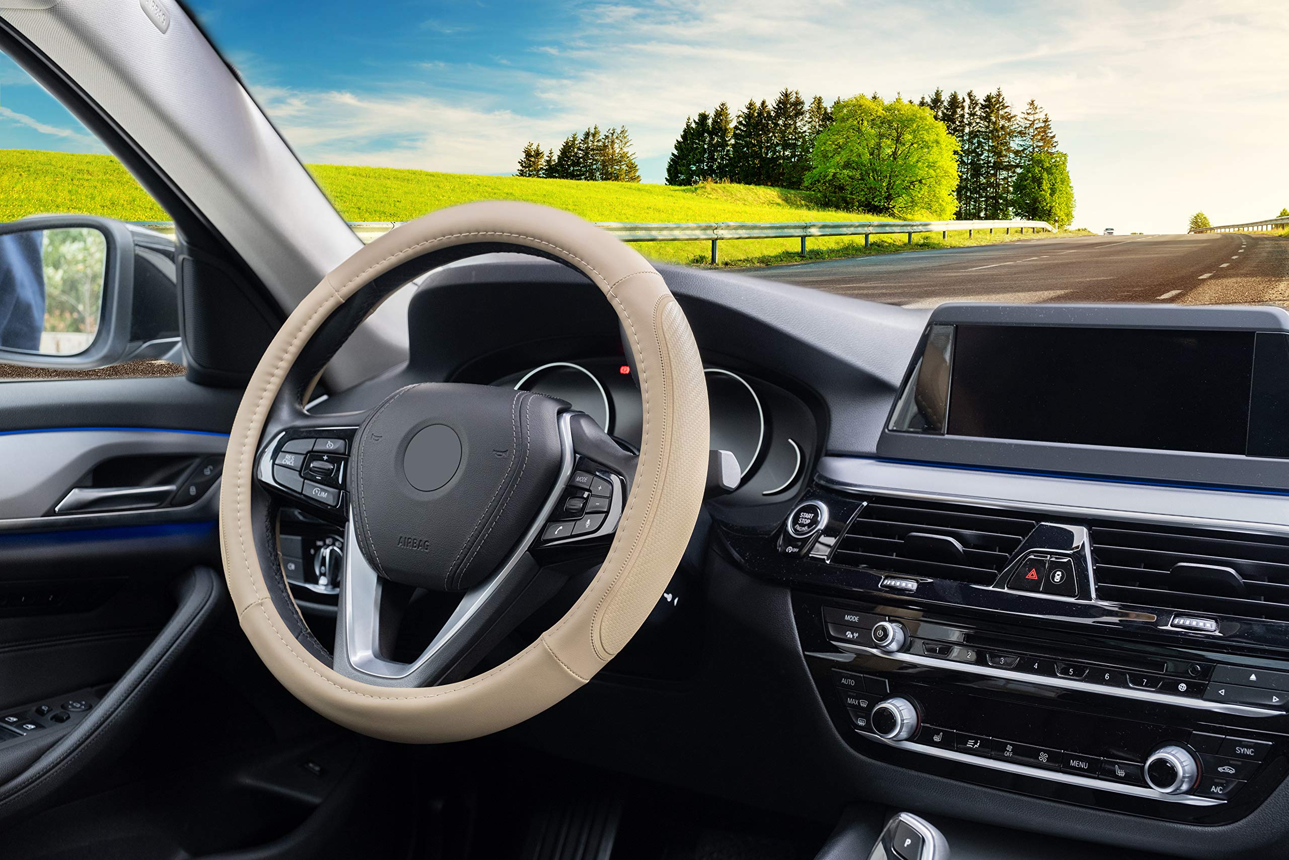 Premium Microfiber Leather Steering Wheel Cover - Beige | Heat Resistant & Anti-Slip Car Accessory | Fits 14.5
