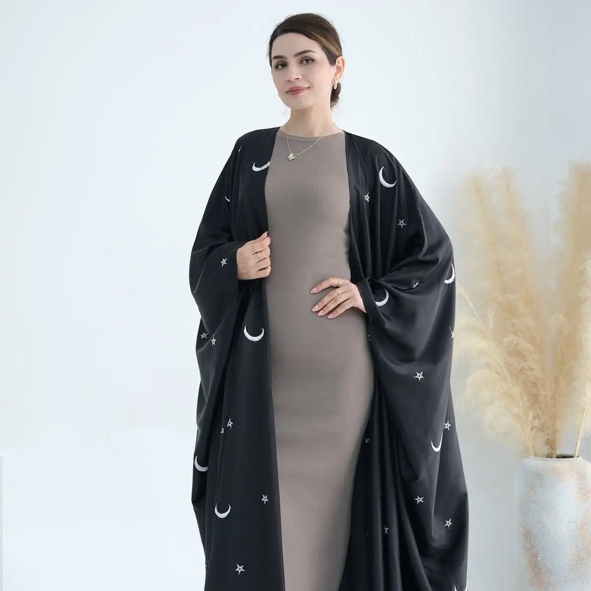 Elegant Muslim Women's Satin Moon Embroidery Cardigan Open Farasha Abaya Dress - Perfect for Eid, Wedding & Special Occasions