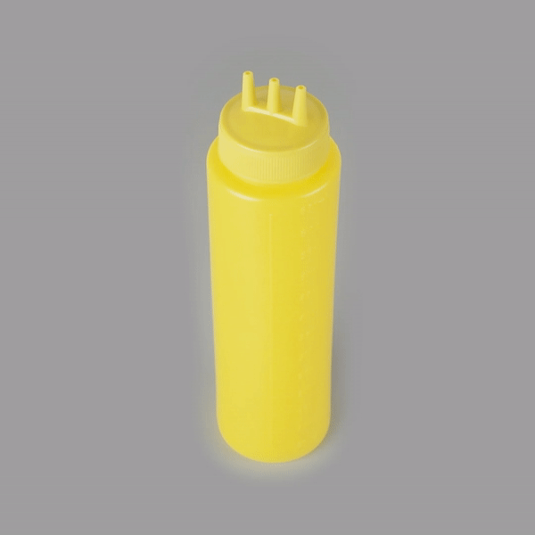 24 oz Yellow Plastic Mustard Squeeze Bottle with Triple Dispersion Tip - 2.5