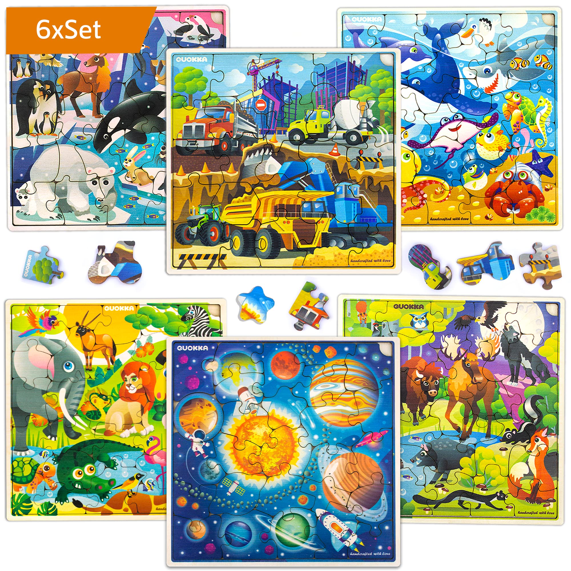 Wooden Puzzles for Kids Ages 3-8 | 6 Pack of 30-Piece Jigsaw Puzzles with Animals, Solar System & Vehicles | Educational Wooden Toys for Toddlers & Preschoolers | Perfect Gift for Boys & Girls | Fun Learning Activity for Home, Classroom & Travel