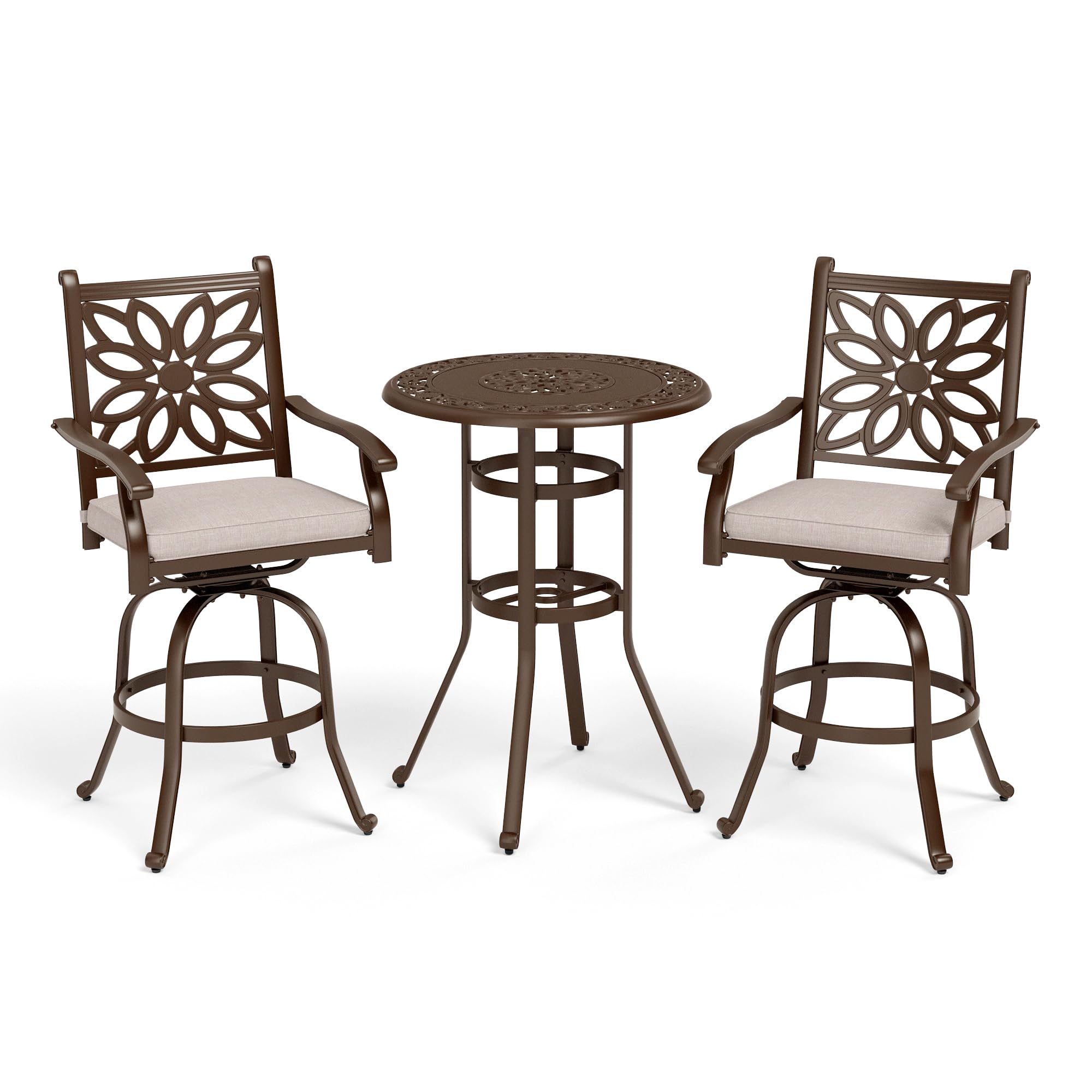 Sophia & William 3-Piece Cast Aluminum Outdoor Bar Set - Round Patio Bar Table with 2 Swivel Counter Height Chairs - Modern Bistro Pub Set for Backyard, Deck, Poolside & Garden Relaxation