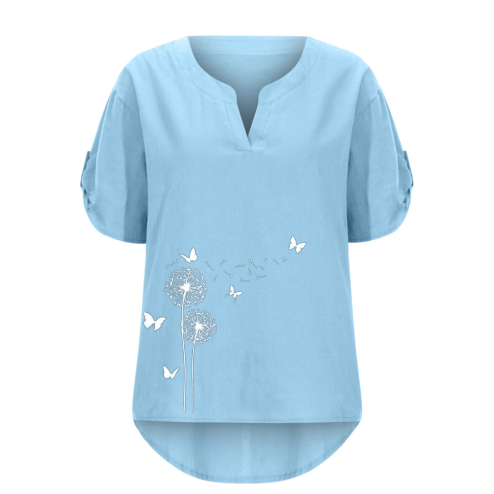 Women's Plus Size Cotton Linen Tunic Tops - Sexy Casual V-Neck Short Sleeve Blouse with Dandelion Print | Loose Fit Summer T-Shirts for Women | Perfect for Beach, Vacation & Casual Outings
