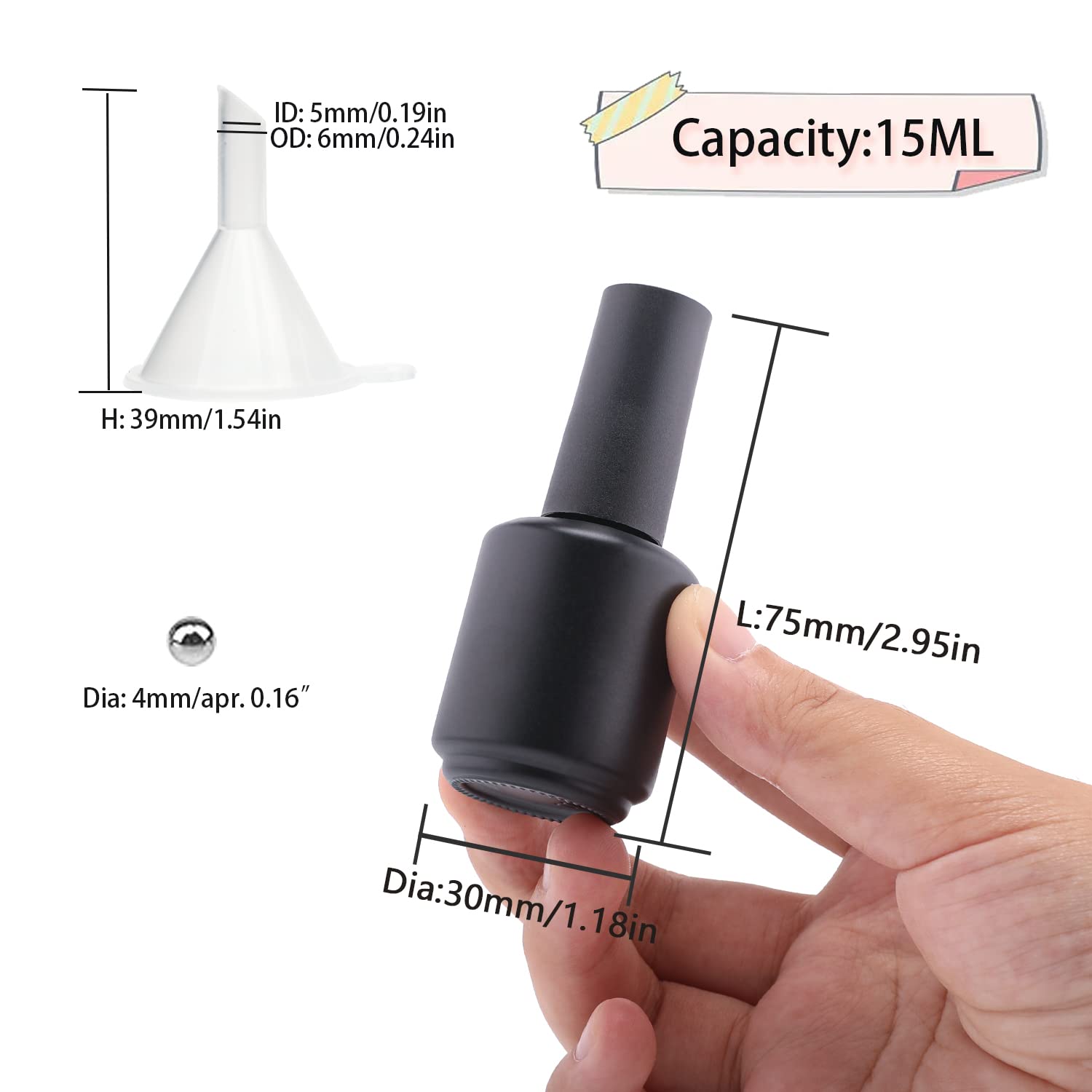 15ml Matte Black Empty Nail Polish Bottles with Brush - Refillable UV Safe for DIY Nail Art - Pack of 6