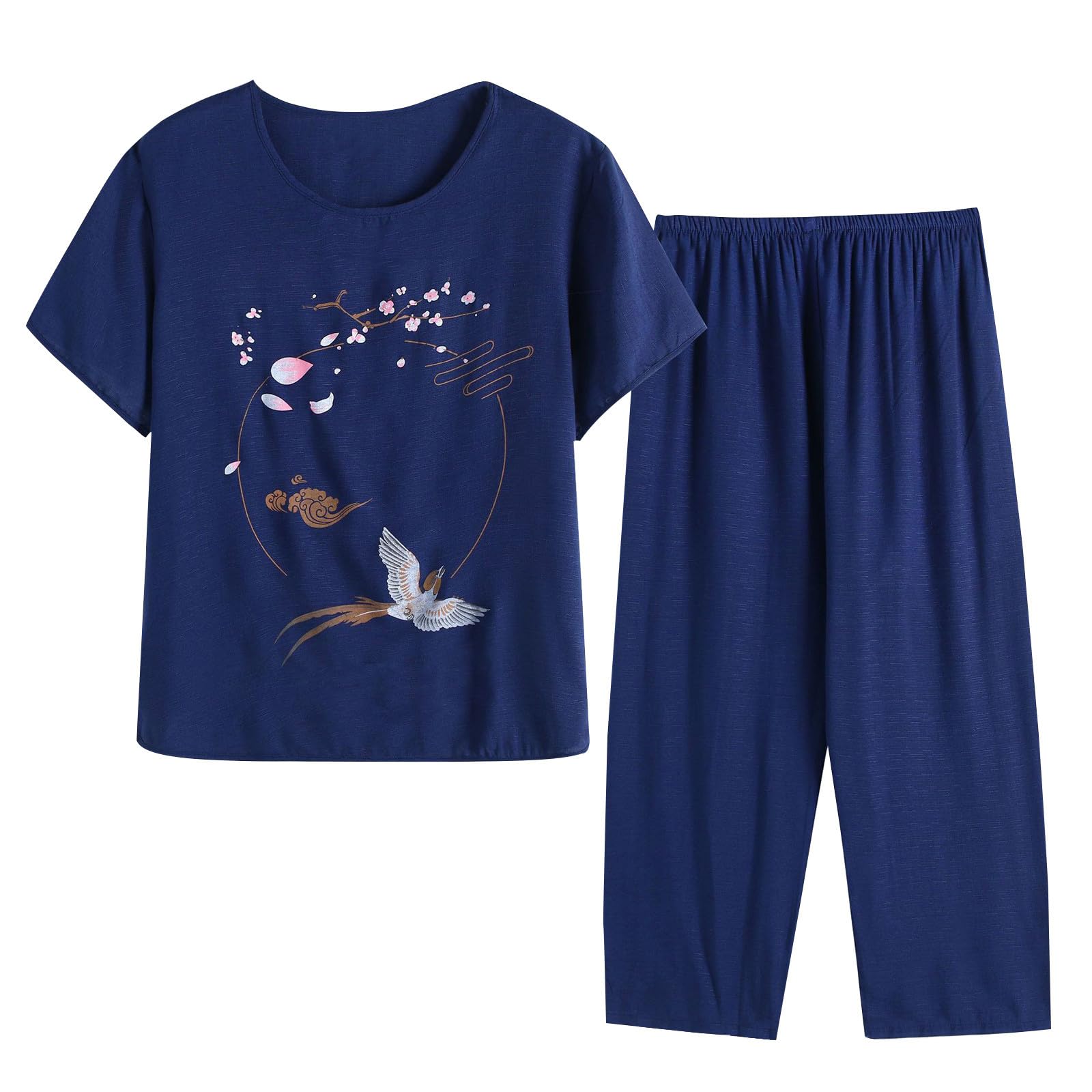 Women's Cotton Linen Pajama Set - Short Sleeve Top & Capri Pants - Floral Print Sleepwear & Lounge Wear for Women - Soft, Loose & Comfortable - Perfect for Sleeping, Lounging & Relaxing at Home