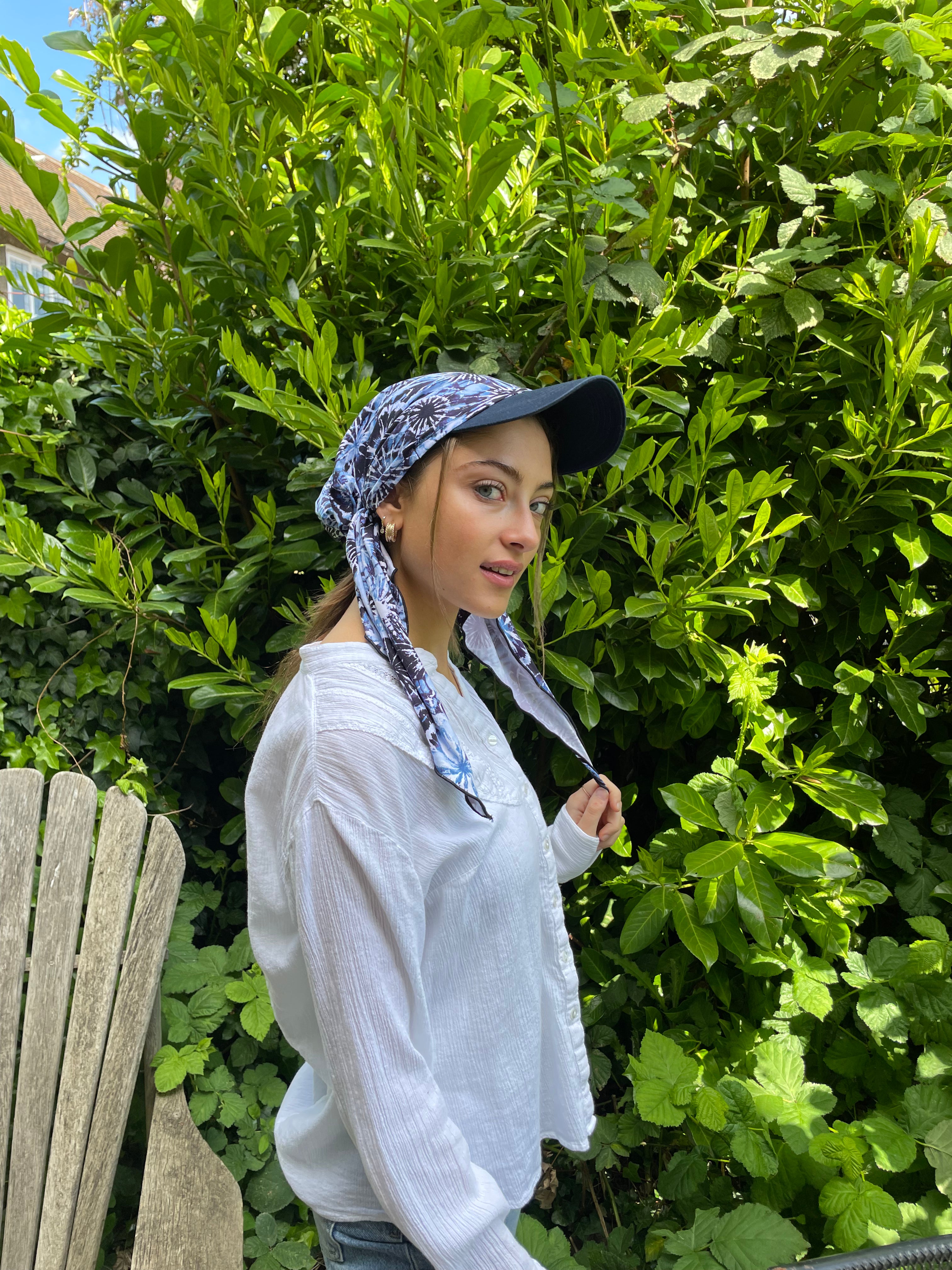 Tie Dye Blue Headwear for Women - Denim Match Sun Visor Hat with Attached Pre-Tied Scarf - UV Protection & Sun Shade - Perfect for Beach, Golf, Running & Outdoor Activities