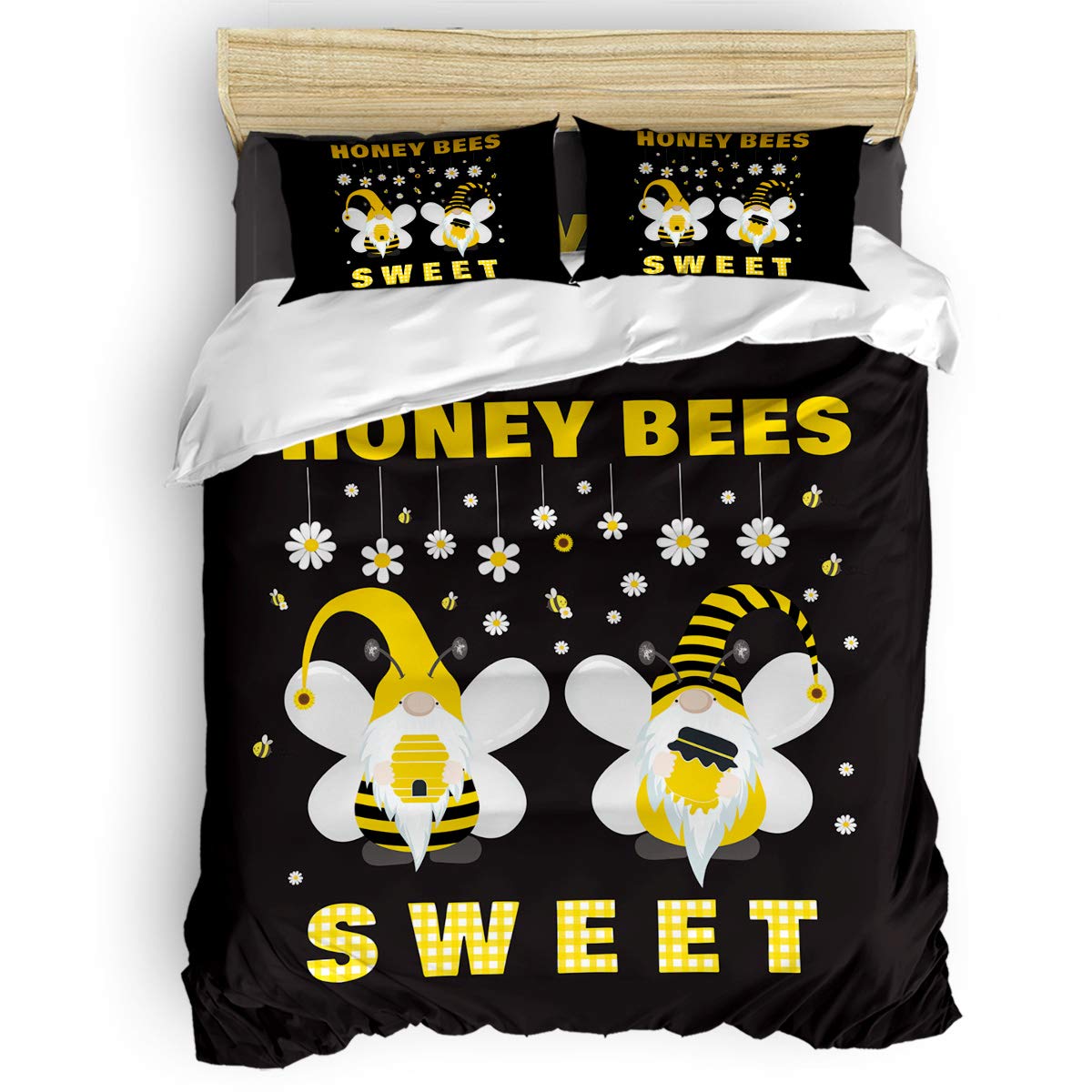 4-Piece Queen Size Honey Bee Gnome & Daisy Comforter Set - Soft Bedding with 2 Pillowcases for Kids' Room, Boys & Girls Bedroom Decor - Perfect for Nursery, Teen Room & Cozy Bedroom Makeover