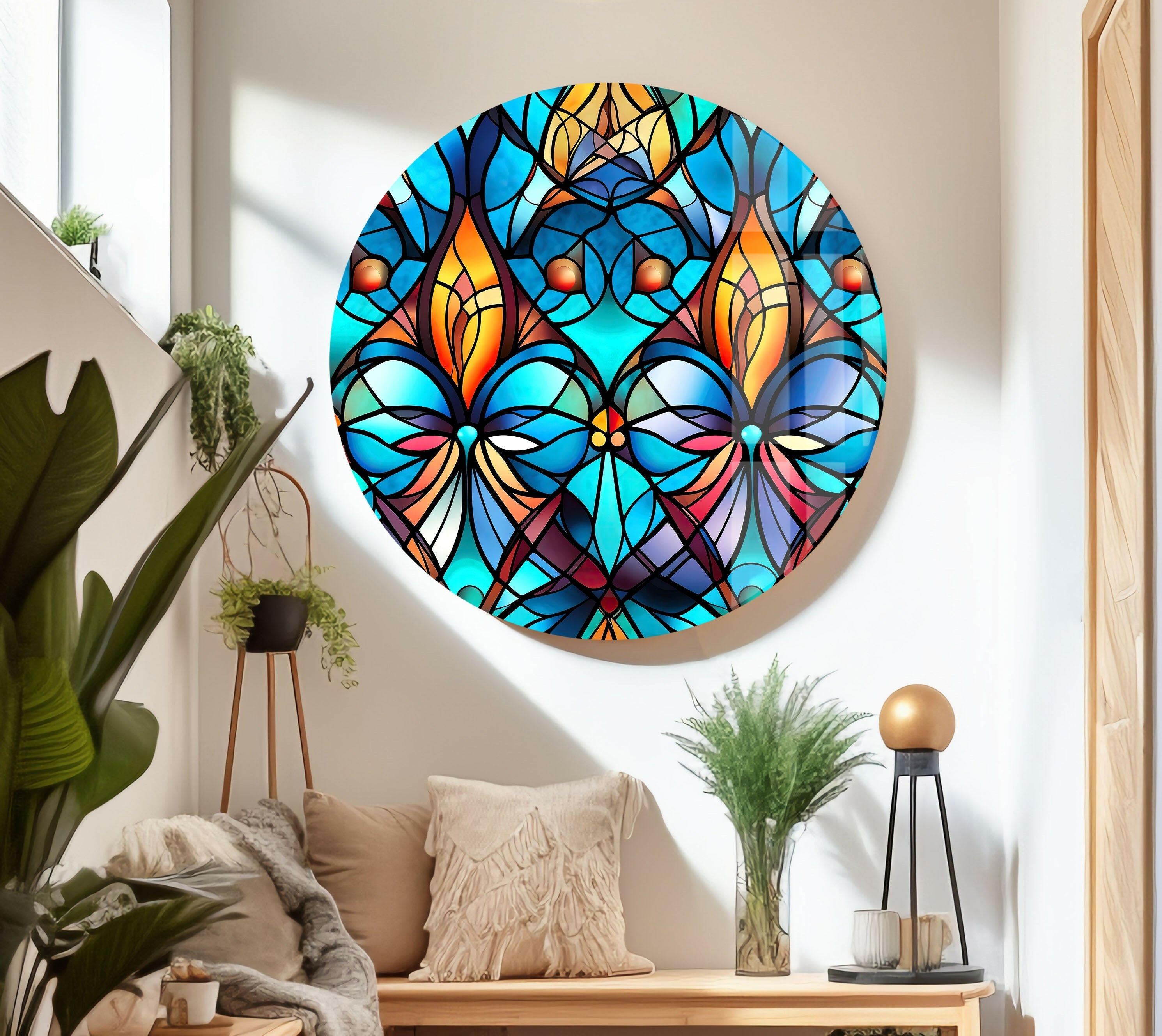 Handmade Blue Stained Glass Wall Art - Elegant Tiffany Style Window Panel Decor for Living Room, Bedroom & Church - Perfect for Home, Office & Wedding Decorations