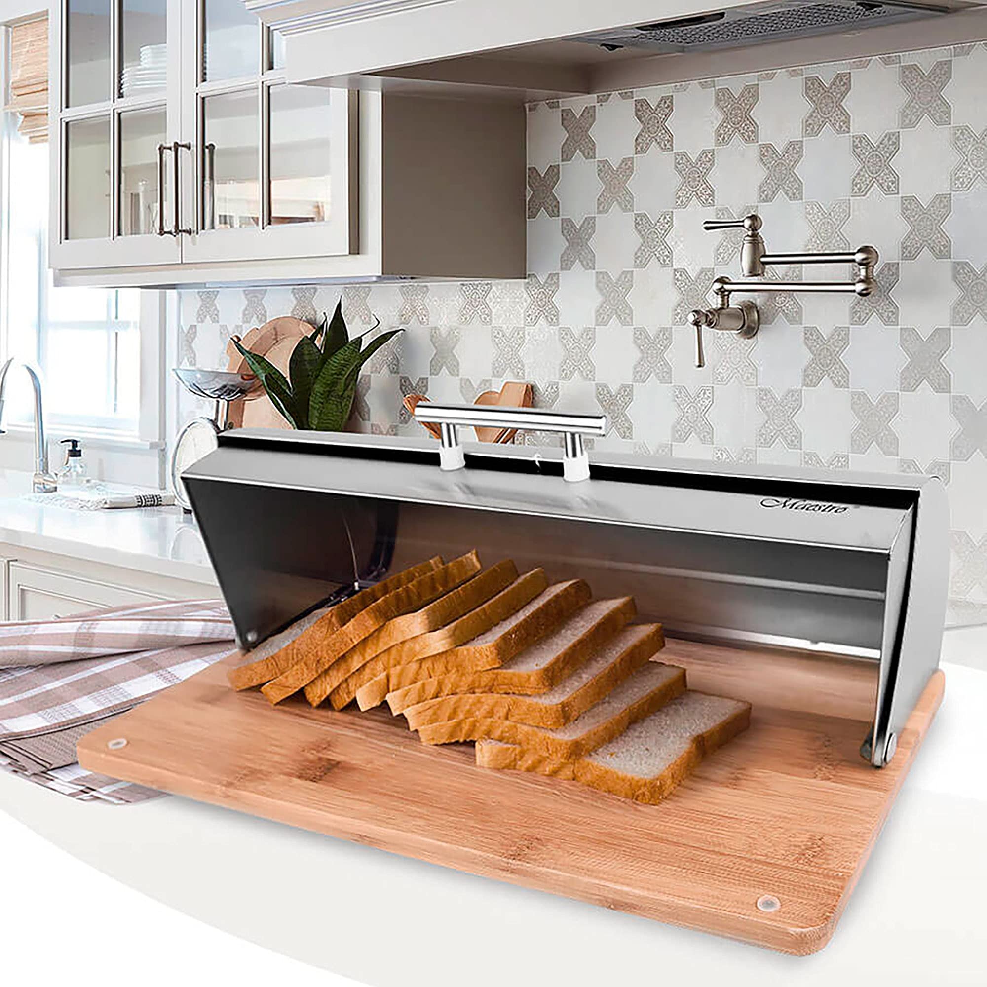 Maestro MR-1672S Stainless Steel & Wood Bread Box with Sliding Lid - Elegant Bread Storage Container for Kitchen Countertop - Perfect for Storing Bread, Buns, Pastries & Baked Goods