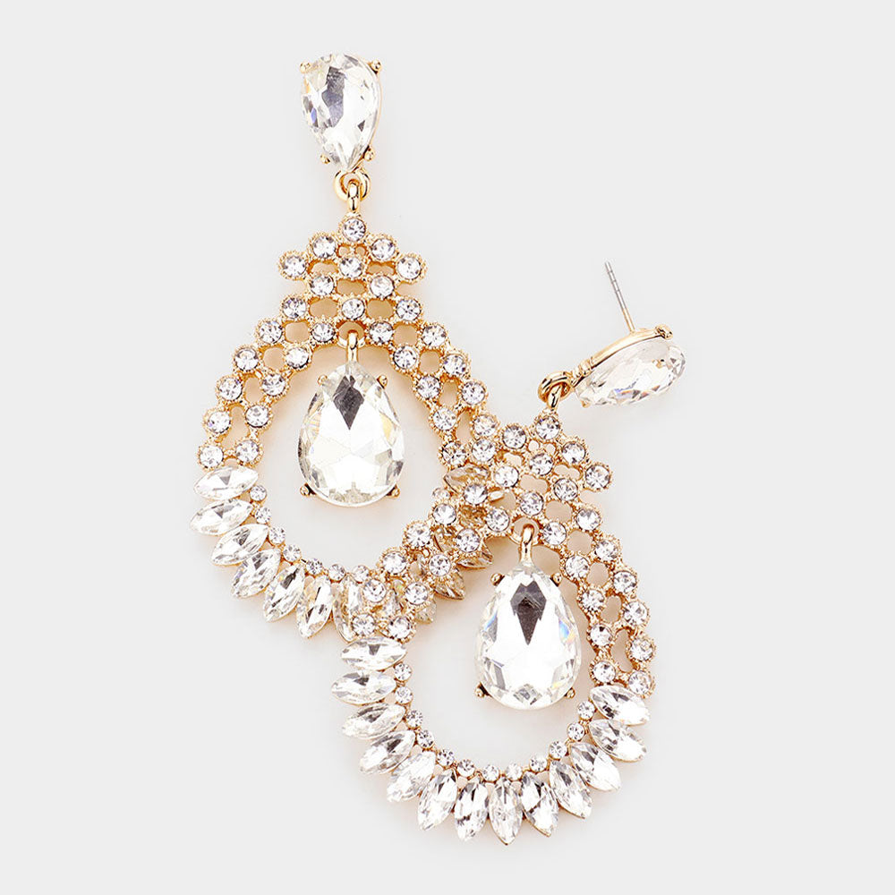 Gold Teardrop Circle Dangle Pageant Earrings for Prom, Wedding & Special Occasions | Elegant Clear Crystal Drop Earrings | 489007