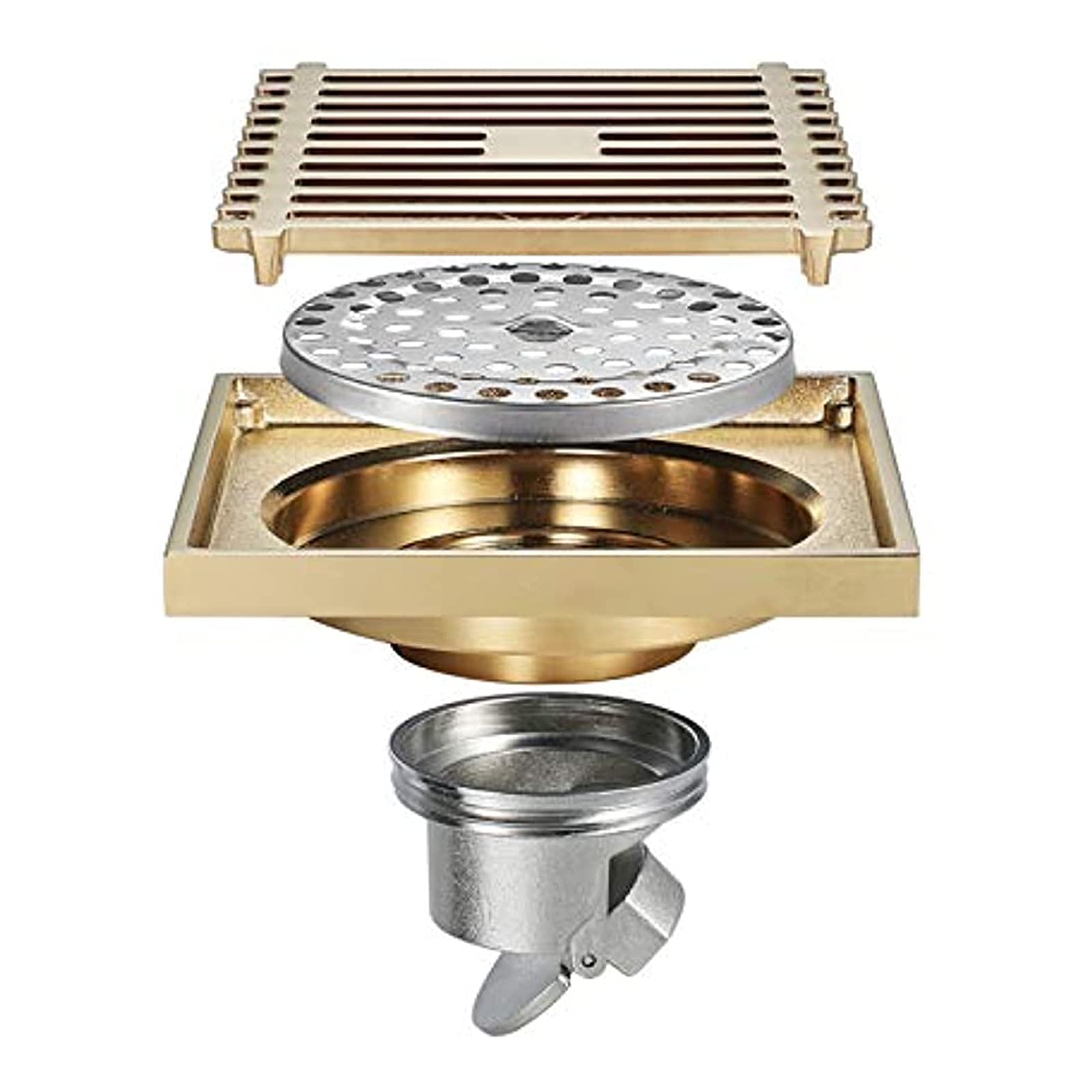 4 Inch Square Brass Shower Drain in Champagne Gold - Bathroom Floor Drain with Removable Cover & Odor Prevention - Perfect for Modern Bathrooms, Walk-in Showers & Wet Rooms