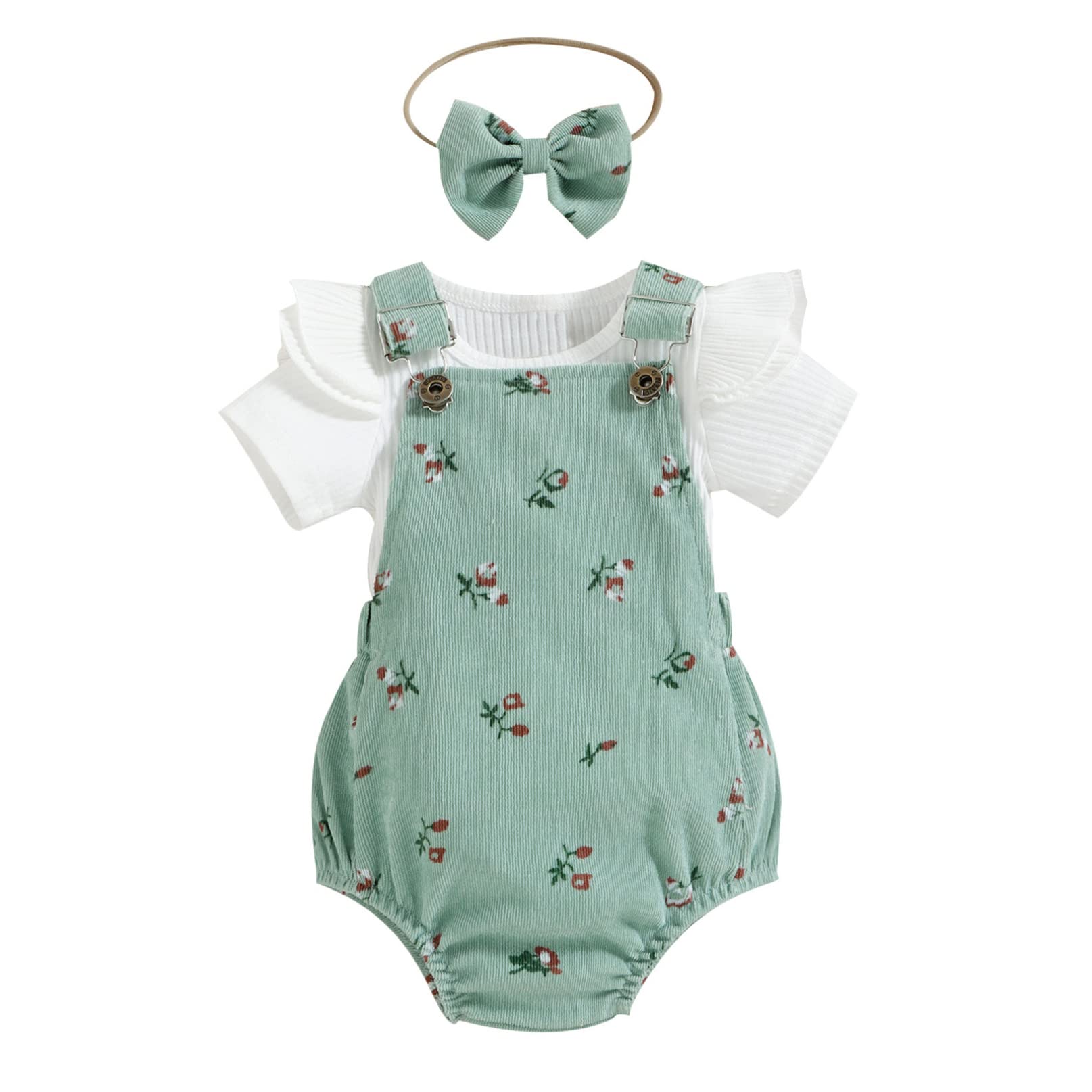 iiniim Newborn Baby Girl Outfits - Short Sleeve Tops + Suspenders Romper Shorts + Headband Set | Summer Baby Clothes for Photoshoot, Birthday Party & Family Gathering