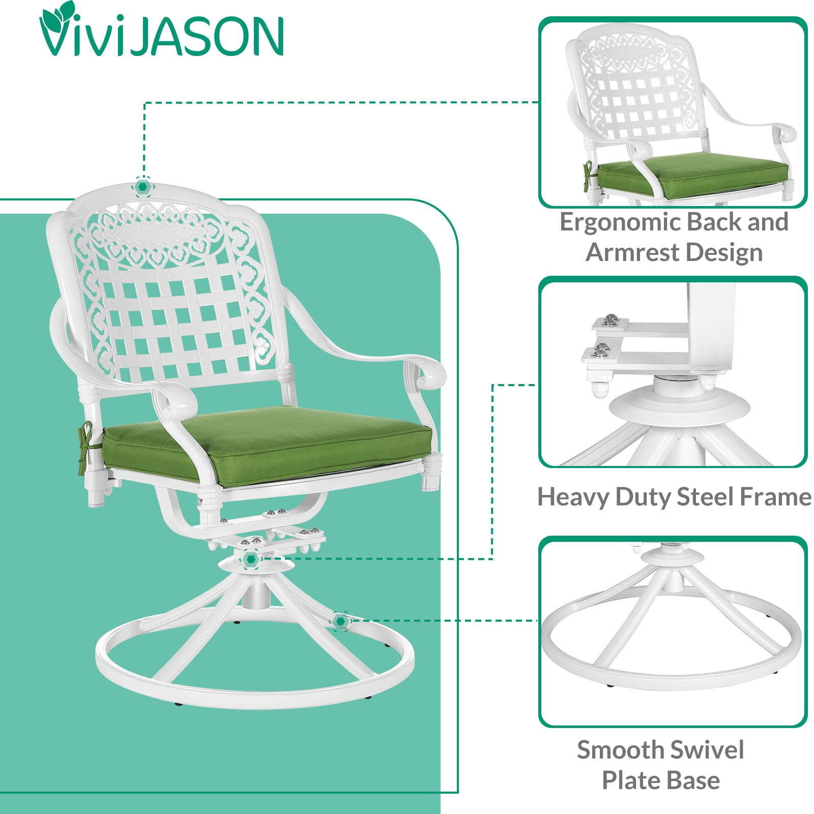 VIVIJASON 5-Piece All-Weather Outdoor Patio Dining Set - Cast Aluminum Conversation Set with 4 Swivel Rocker Chairs & 35.4