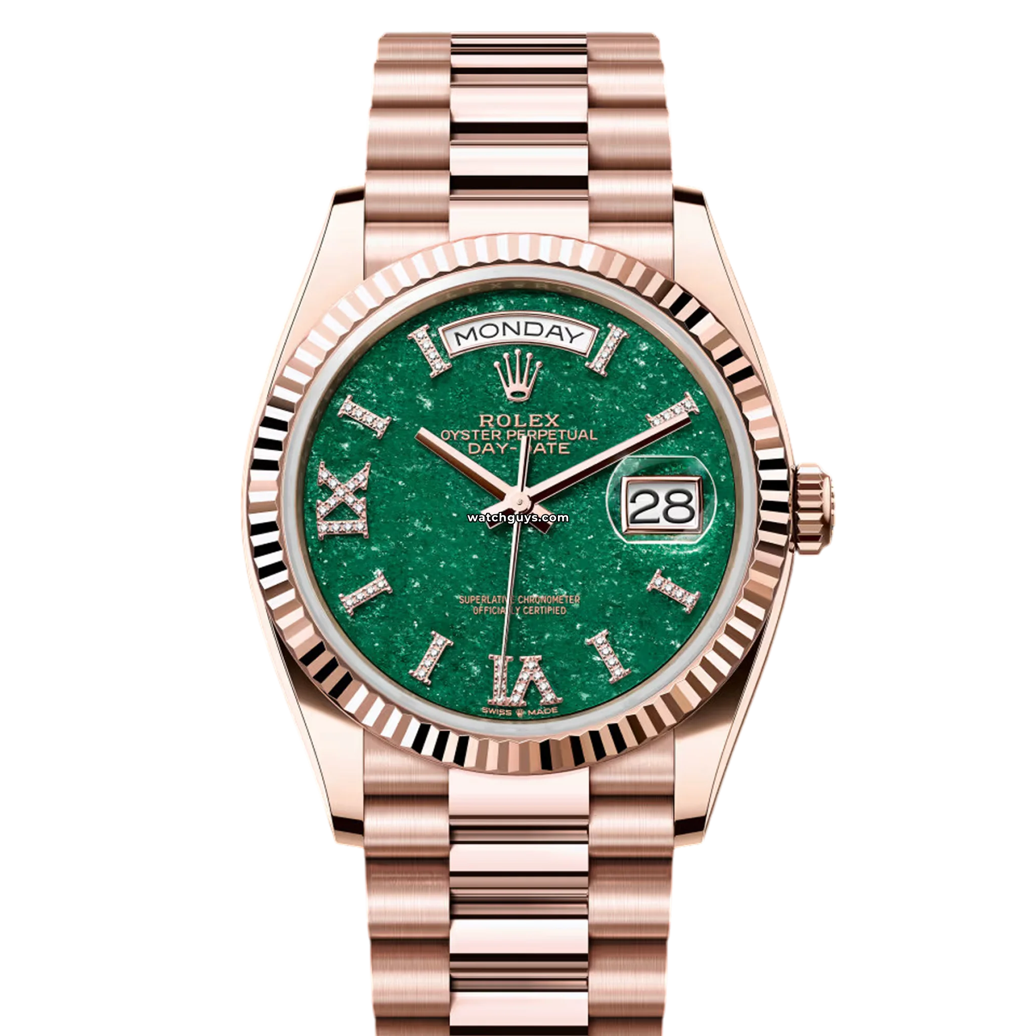 Rolex Day Date 128235 18K Rose Gold Watch with Green Aventurine Dial & Diamond Hour Markers - Luxury Dress Watch for Business & Formal Occasions