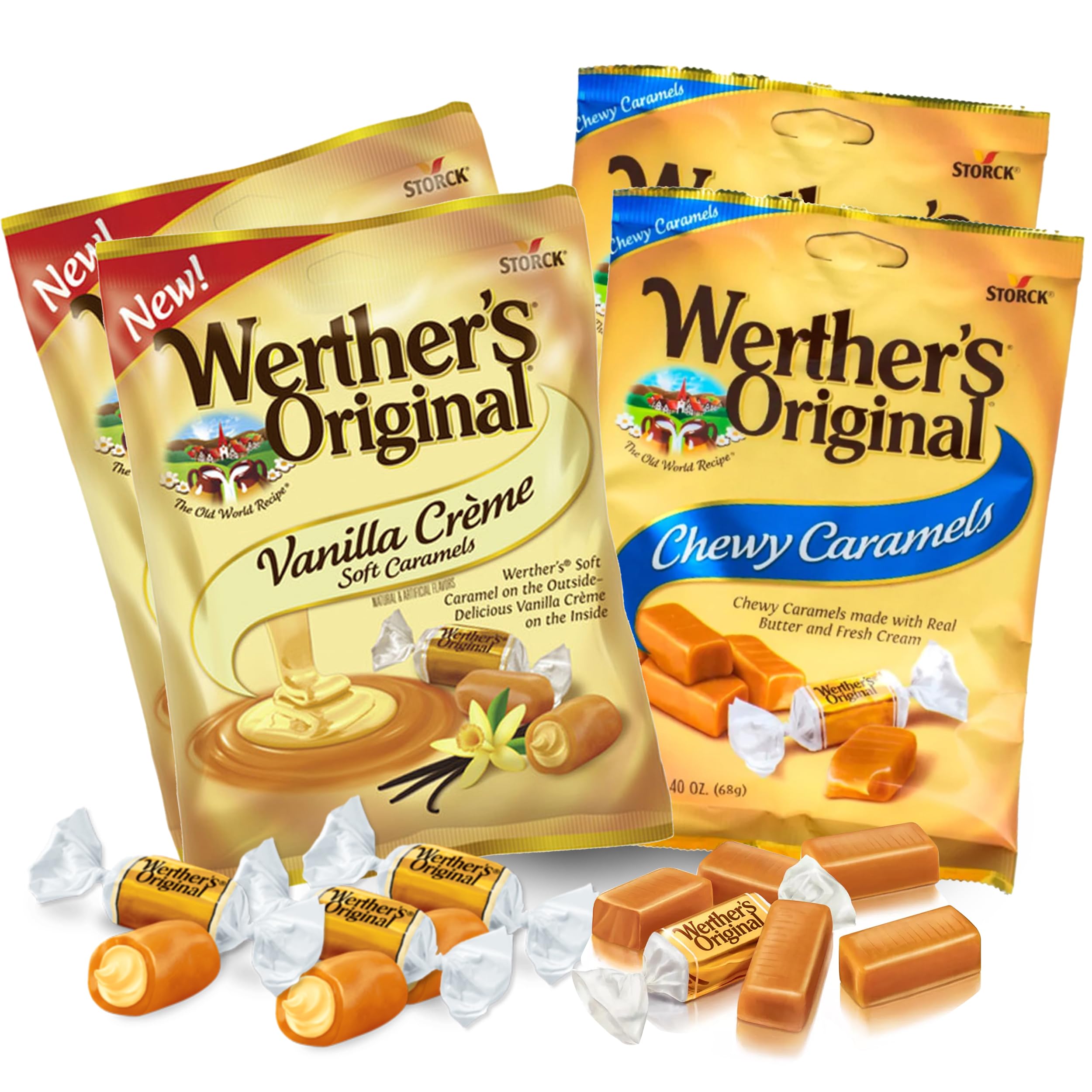 Werthers Original Vanilla Creme Soft Caramels & Chewy Caramel Candy - 4-Pack (2 of Each) - Individually Wrapped Caramel Creams, Soft Chews Candy - Perfect for Office Snacks, Party Favors & Gift Baskets