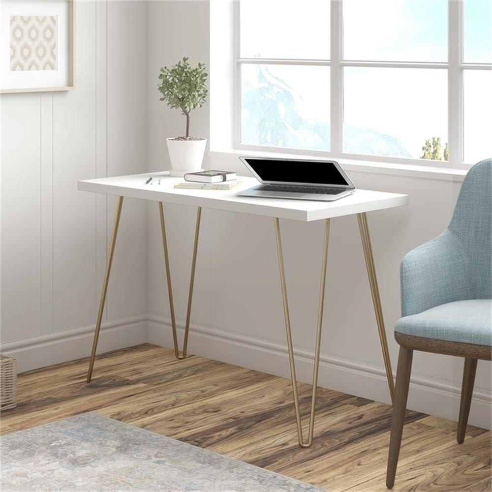 Vintage Mid-Century Modern White and Gold Wooden Computer Desk - Pemberly Row Retro Home Office Desk for Study, Work, and Gaming