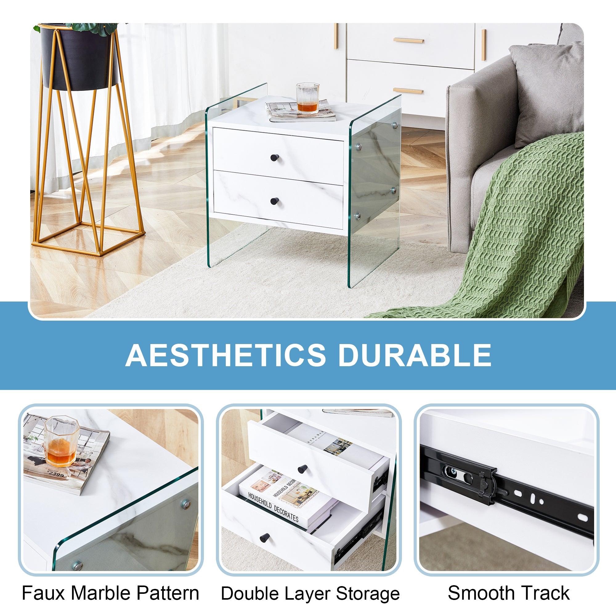 Modern Double Drawer Bedside Table with MDF Sticker Surface & Tempered Glass Sides - Simple Elegant Design, Excellent Storage for Bedroom, Living Room, or Office Use
