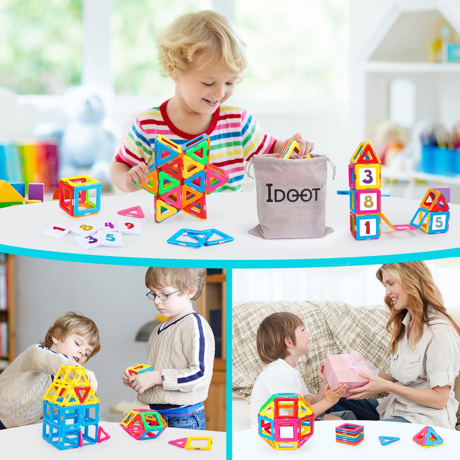 Idoot Magnetic Tiles Blocks - STEM Educational Building Toys for Kids Ages 3+, Creative Construction Play Set for Boys & Girls - Perfect for Preschool Learning, Birthday & Christmas Gifts - Includes Storage Bags - Great for Classroom, Home Play & Developmental Activities