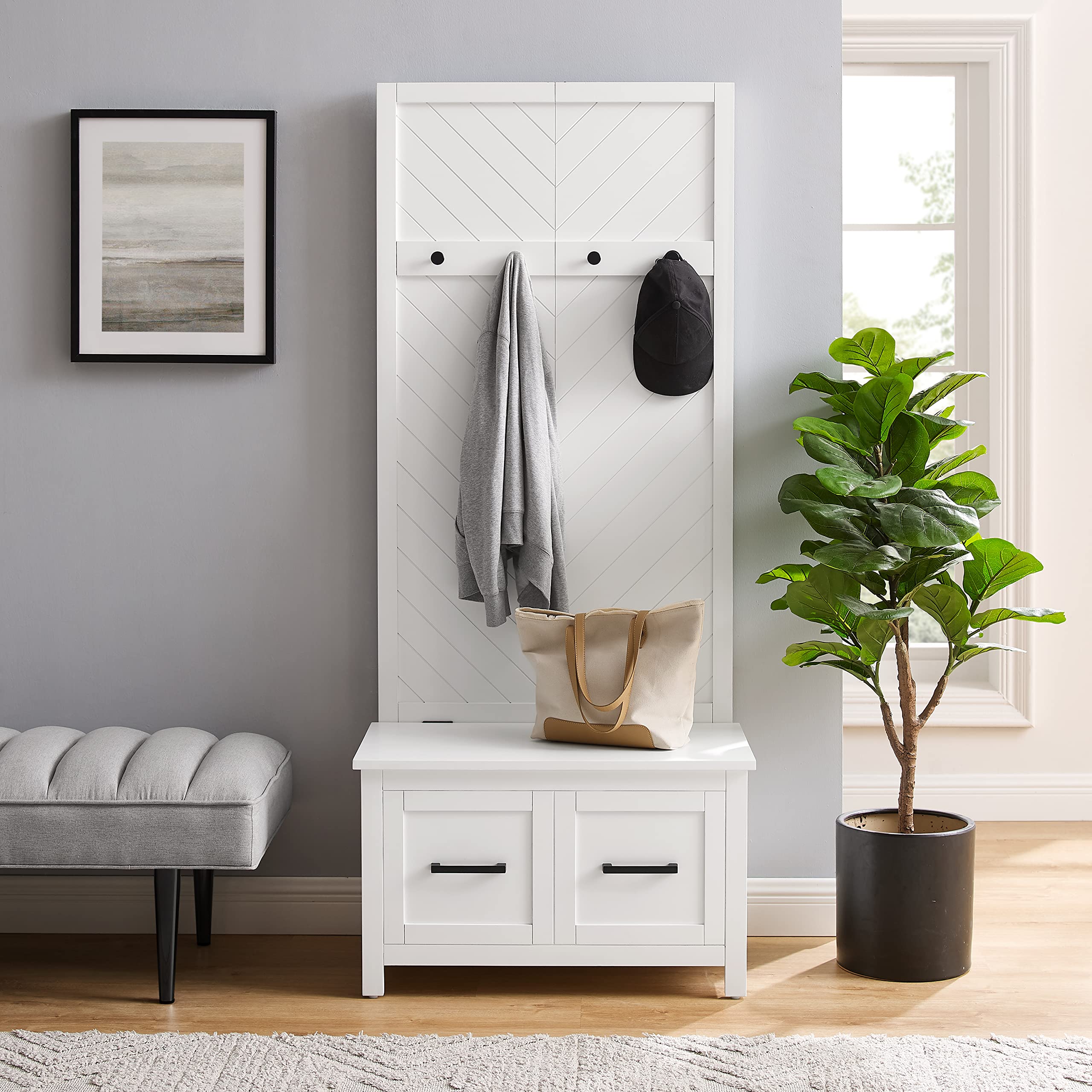 Crosley Kayce Hall Tree with Storage Bench & Coat Rack - White Entryway Organizer for Coats, Shoes & Accessories | Perfect for Mudrooms, Foyers & Small Spaces