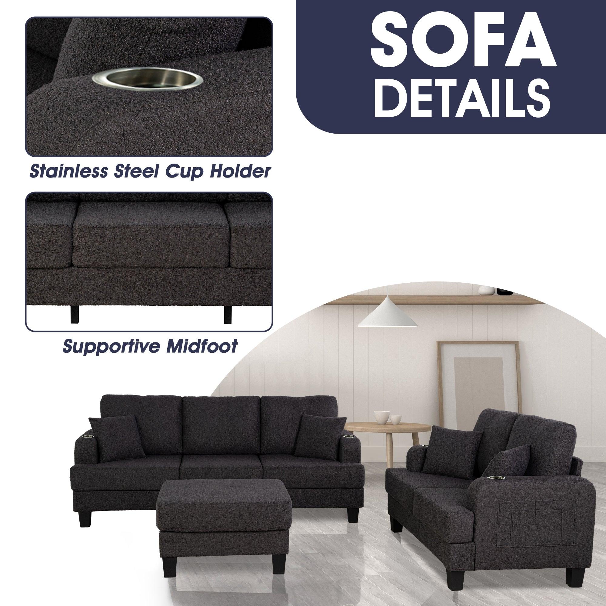 Dark Gray 3-Piece Sofa Set with Storage Ottoman & USB Charging - Modern Living Room Furniture for Small Spaces, Perfect for Apartments, Dorms and Cozy Homes