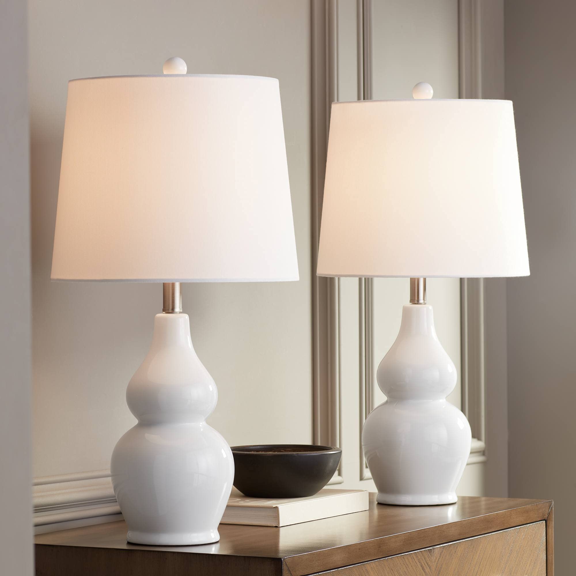 360 Lighting Jane Modern Table Lamps - Set of 2 White Ceramic Double Gourd Lamps with Fabric Tapered Drum Shade - 25