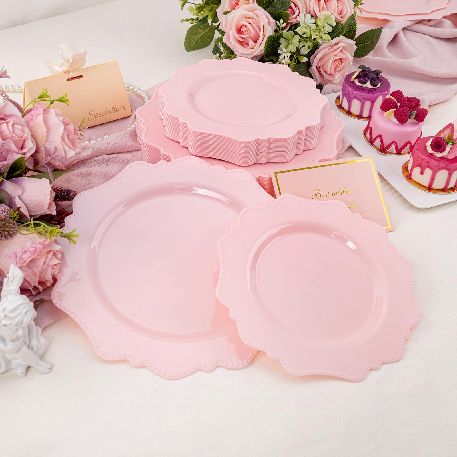 COLOSUS 60-Pack Pink Plastic Plates for Wedding, Birthday & Easter Parties - Dinner & Dessert Use