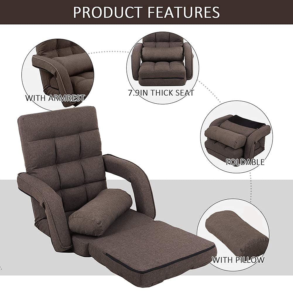 FLOGUOR 14-Position Adjustable Floor Chair - Ergonomic Chaise Lounge with Armrests & Pillow - Foldable Lazy Sofa for Adults - Perfect for Gaming, Living Room & Bedroom (Brown 8803CO) - Great for Movie Nights, Reading & Relaxation