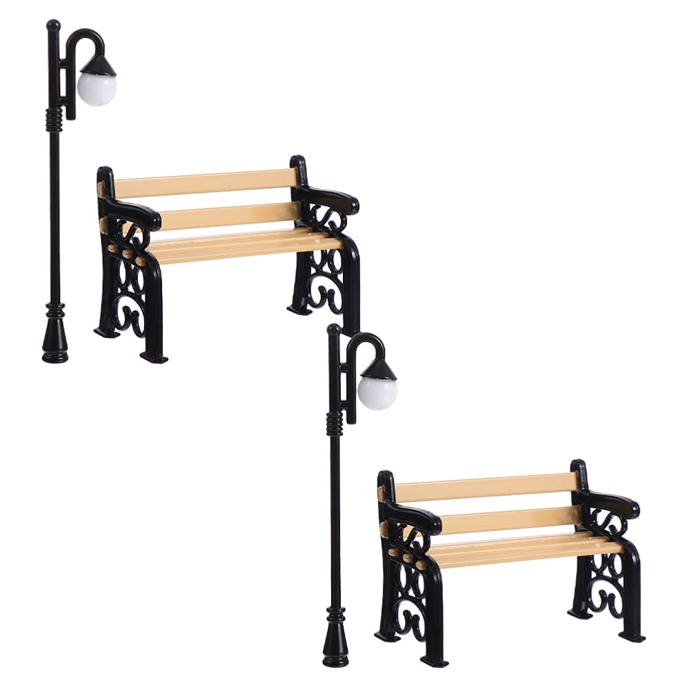 4pcs Miniature Street Light Posts & Wooden Bench Set - Black Outdoor Pathway Lanterns, Dollhouse Fairy Garden Decorations for DIY Scenes, Backyard Displays & Tabletop Miniatures
